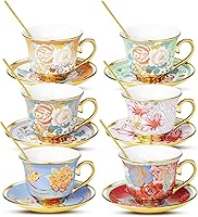 XRBEOU Floral Porcelain Tea Cups & Saucers Set of 6 with Spoons - 8oz Vintage for Tea, Coffee, Cappuccino, Housewarming Gifts