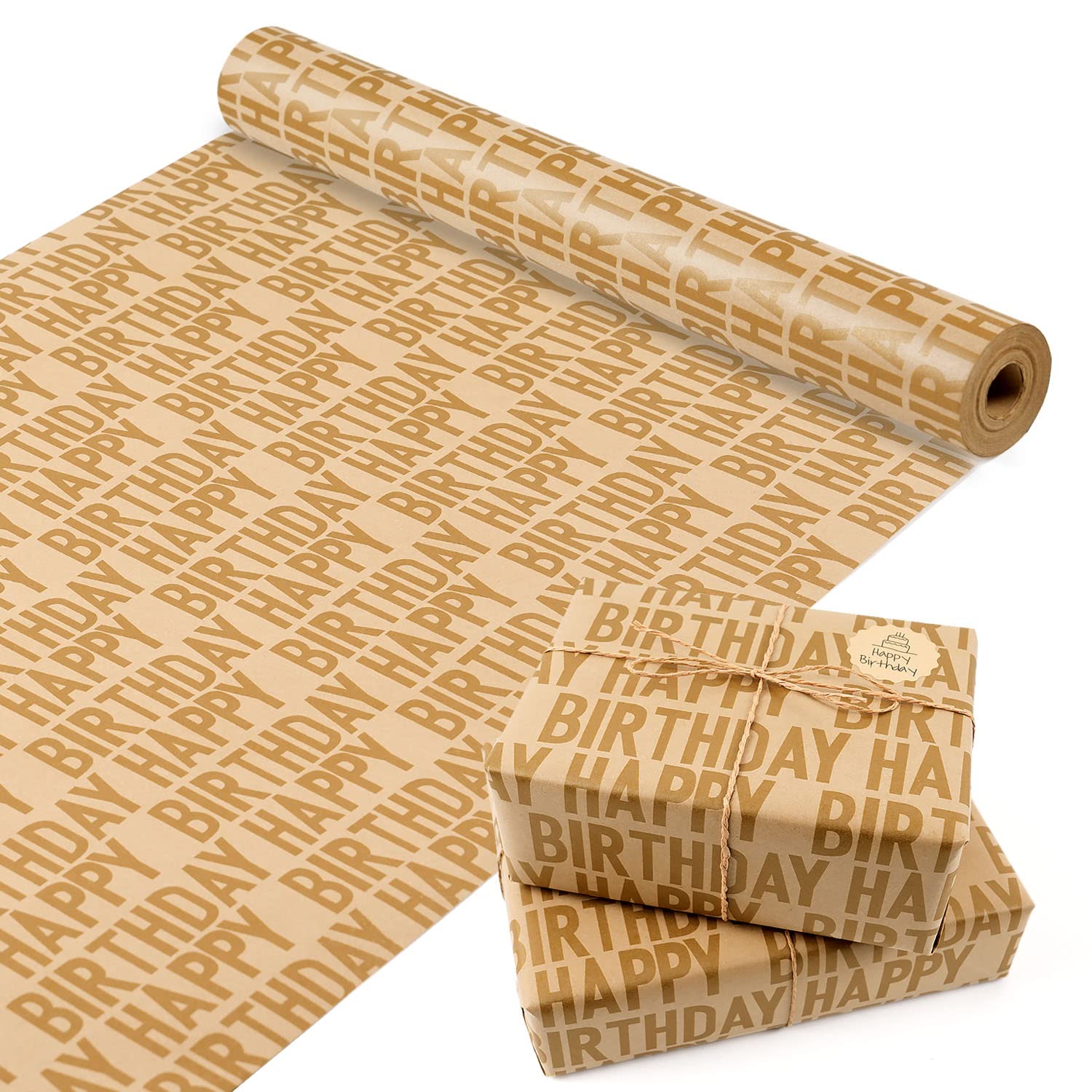 Birthday Wrapping Paper Roll 43CMx15M, Gold Happy Birthday Brown Kraft Wrapping Paper Gift Wrap Set for Boys Girls Men Women Female, Stickers and Rope Included