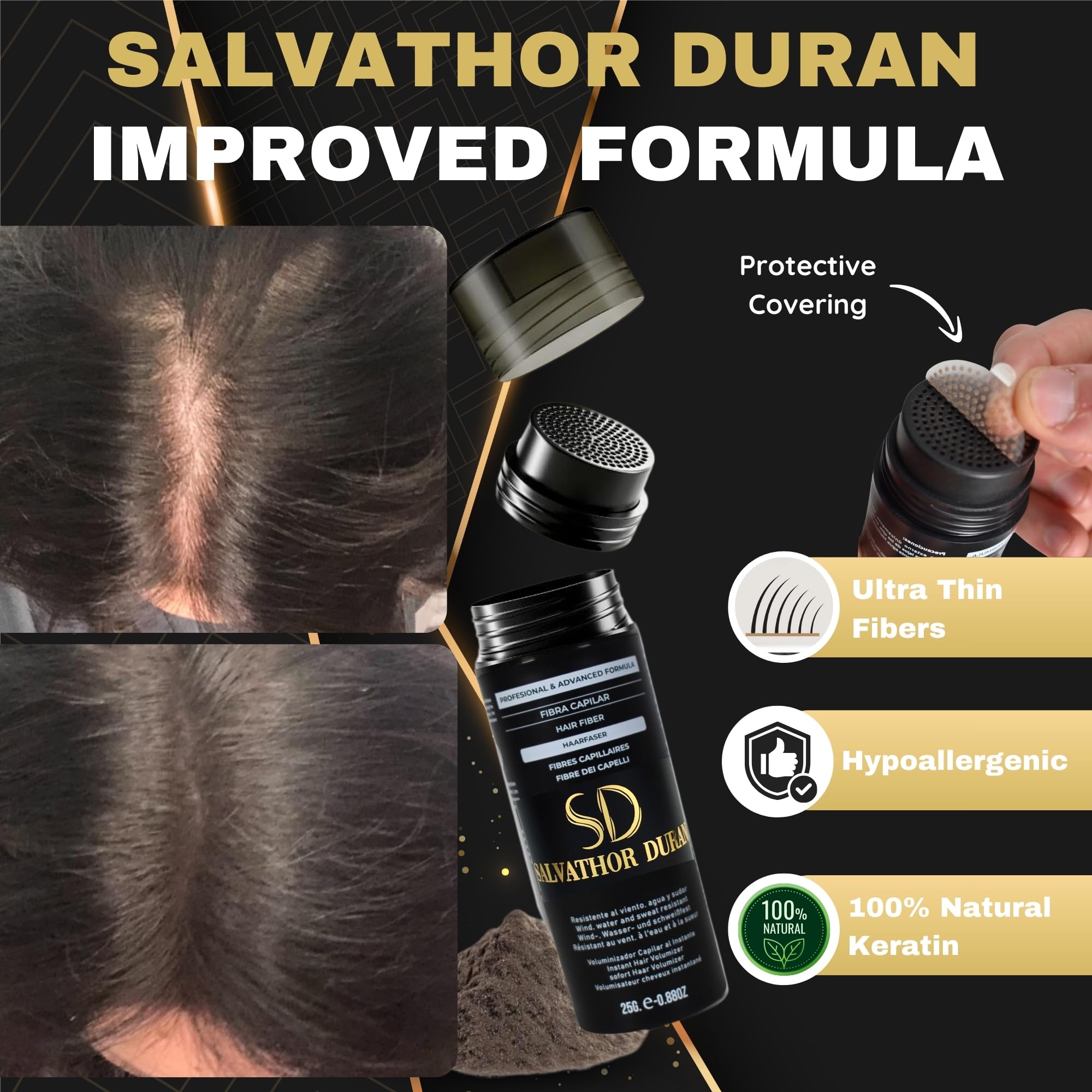 Hair Fibres Salvathor Duran 25 g - Kit 3 Units (Fibers + Applicator + Hairline Comb) - Hair Fibre (Medium Brown) - Image 3