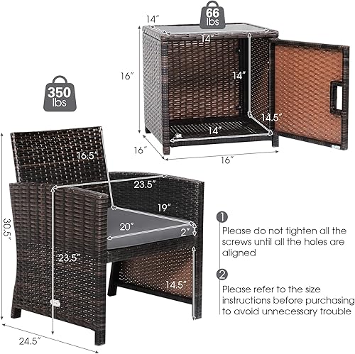 Miniatura 2 de COSTWAY Juego de muebles de ratán de 3 piezas, juego de sillas acolchadas de mimbre para exteriores con mesa de almacenamiento lateral, juegos de
