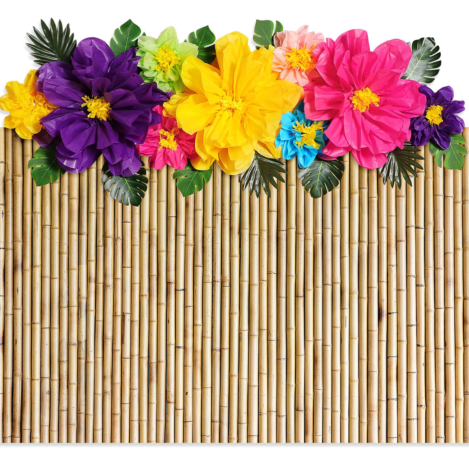 Canlierr 22 Pcs Hawaiian Beach Backdrop with Hawaii Paper Flowers Decorations Set 71 x 43 Inch Hawaiian Backdrop 3D Hibiscus Paper Flower Palm Leaves