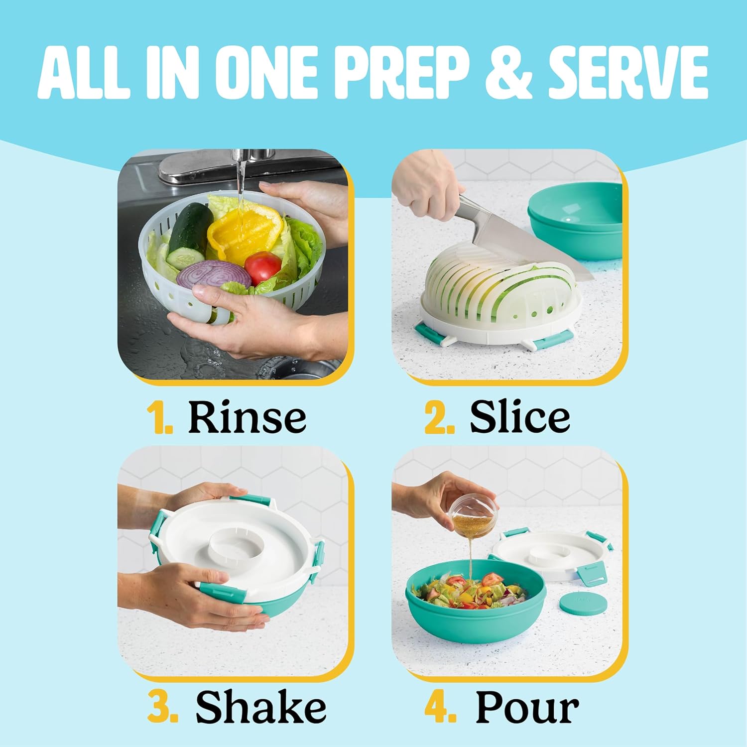 Tasty 2-Pack Salad Boss To-Go Bowls, All-in-One Salad Maker with Multi-Use Colander, Leak-Proof Lid, 3 oz Dressing Cup, 56 oz Serving Bowl, Dishwasher Safe, Aqua