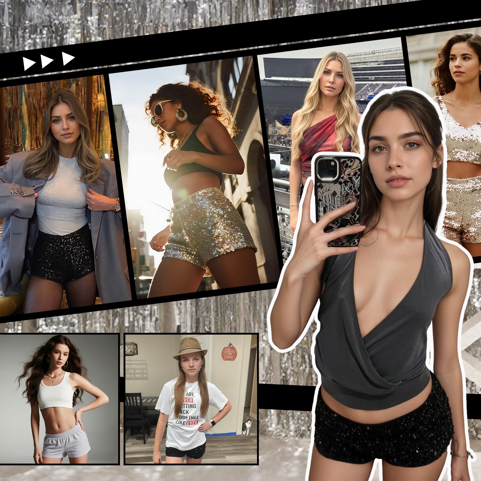 Short à paillettes pour femme – Short taille haute à paillettes scintillantes tenue de concert, discothèque, fête, festival, Halloween