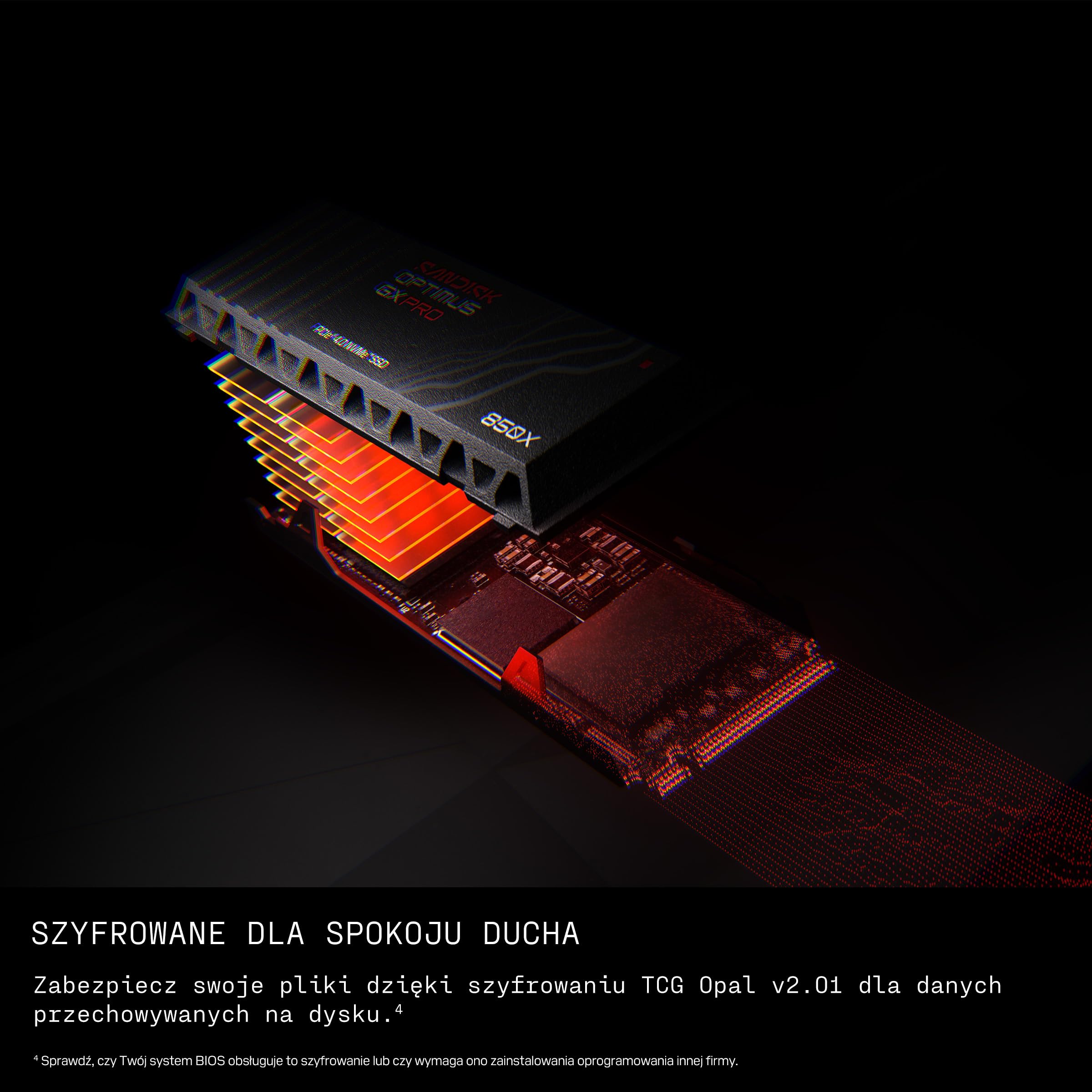SANDISK Optimus GX PRO 850X NVMe SSD z radiatorem 2 TB (do 7300/6600 MB/s prędkościom odczytu/zapisu sekwencyjnego, M.2 2280, PCIe 4.0, do 1200 TBW)