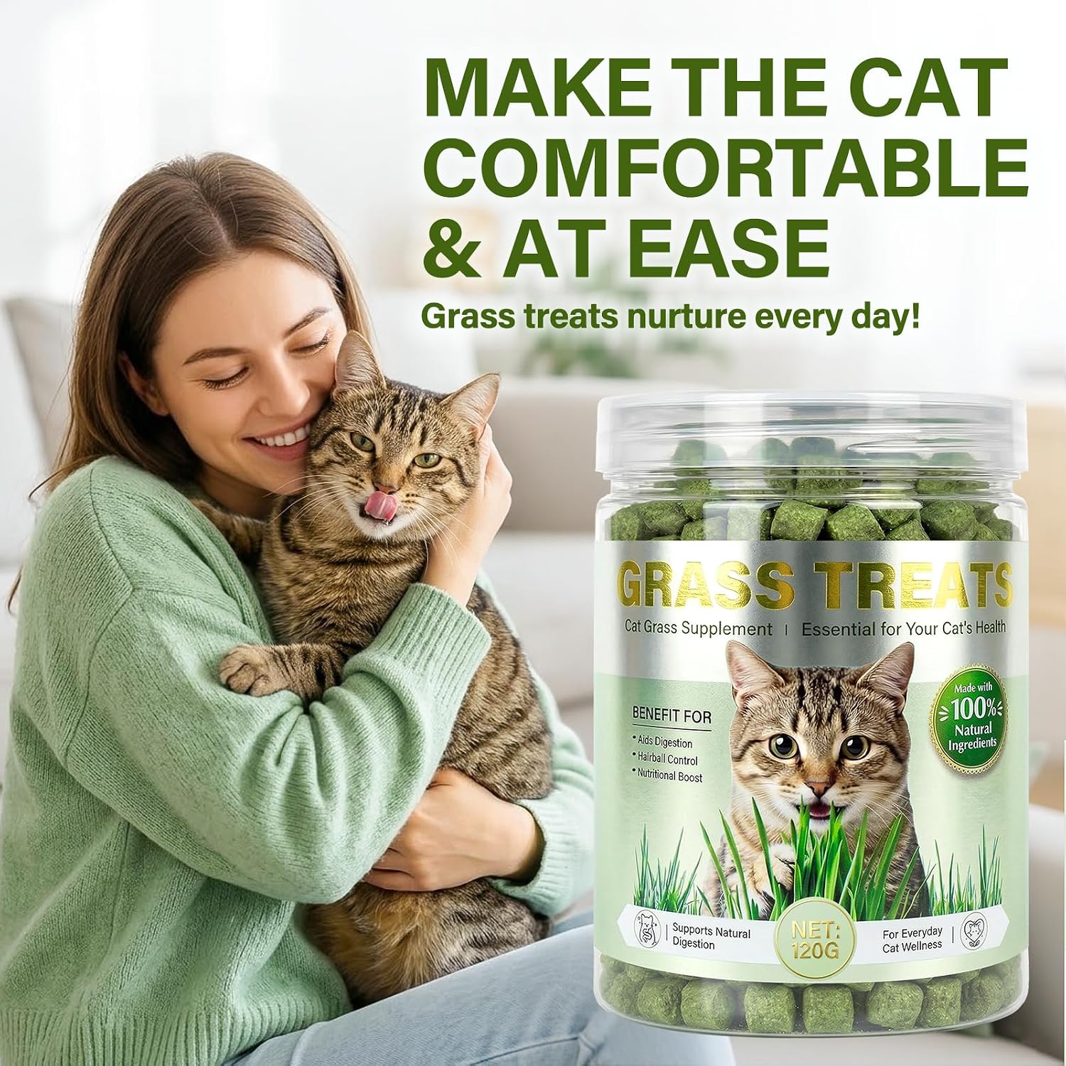 Cat Grass Treats for Indoor Cats, 120g Natural Cat Grass & Chicken Dental Health Snacks, Tasty Training Rewards & Playtime Cat Treats