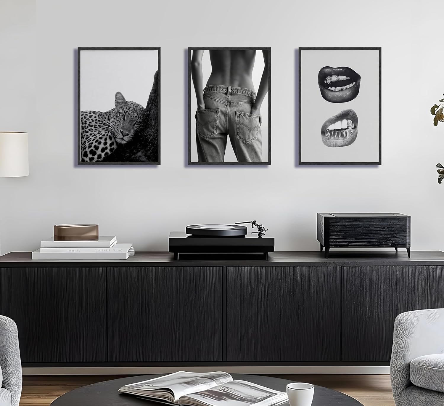 LNEASFLXX 3 Pcs Black and White Fashion Wall Art Leopard Cheetah Print Canvas Vintage Woman Back & Sexy Lips Prints Modern Trendy Aesthetic Wall Decor for Bedroom Living Room Apartment Unframed