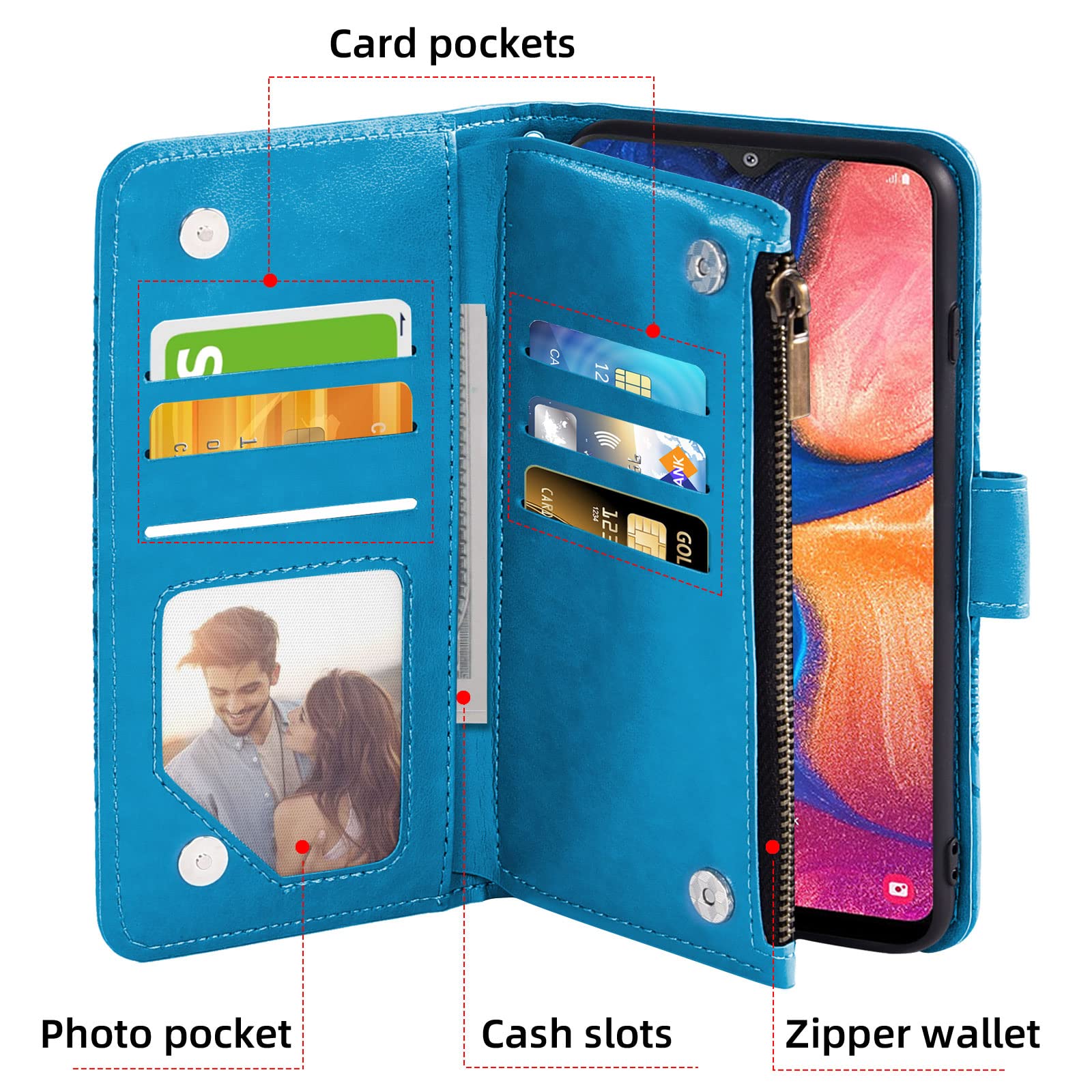 Asuwish Compatible with Samsung Galaxy A20 A30 Wallet Case and Tempered Glass Screen Protector Flower Flip Card Holder Stand Cell Phone Cover for Glaxay M10s A 20 30 Gaxaly 20A SM A205G Women Men Blue