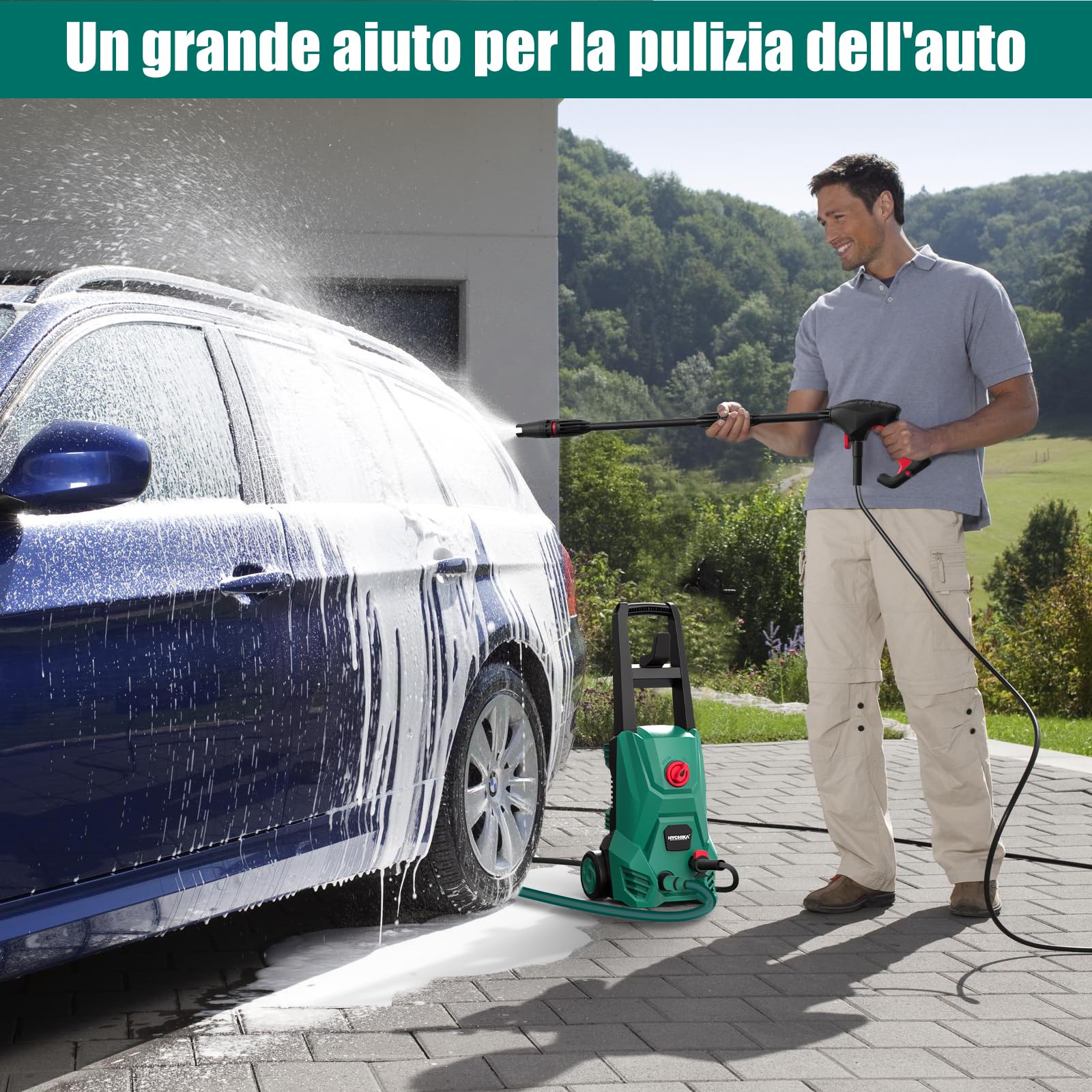 HYCHIKA Idropulitrice, 110 Bar Max Portata 410 l/h 1500W Lavatrice Portatile per con Serbatoio di Schiuma, Tubo Flessibile ad alta Pressione 5m, Cavo 5m, perfetta per Recinzione Auto Cortile