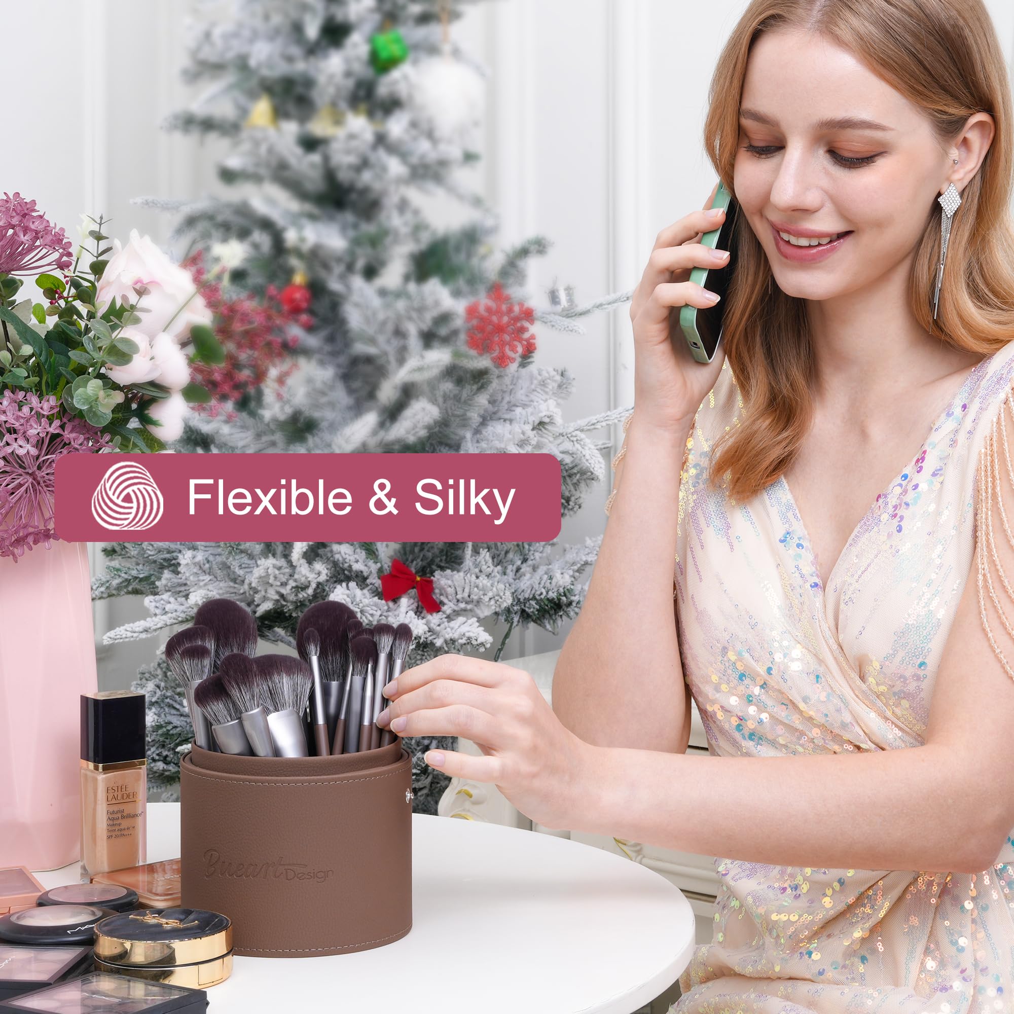 Bueart Design 26-teiliges schokoladenfarbenes Geschenk-Make-up-Pinsel-Set mit extra großem Halter, elegante Make-up-Pinsel für Foundation, Puder, Konturen, Highlight, Concealer, Lidschatten