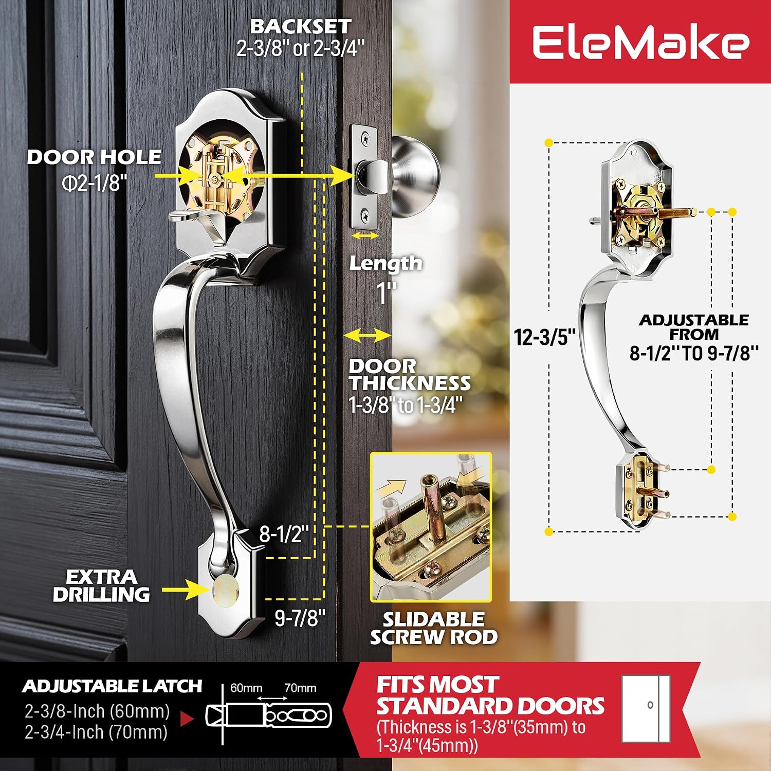 Front Door Knob Handleset, Entry Door Handle Set with Cove Knob for Right and Left Handed Sided Doors, Interior and Exterior Entrance Passage Lock, Lower Half Grip, Satin Nickel