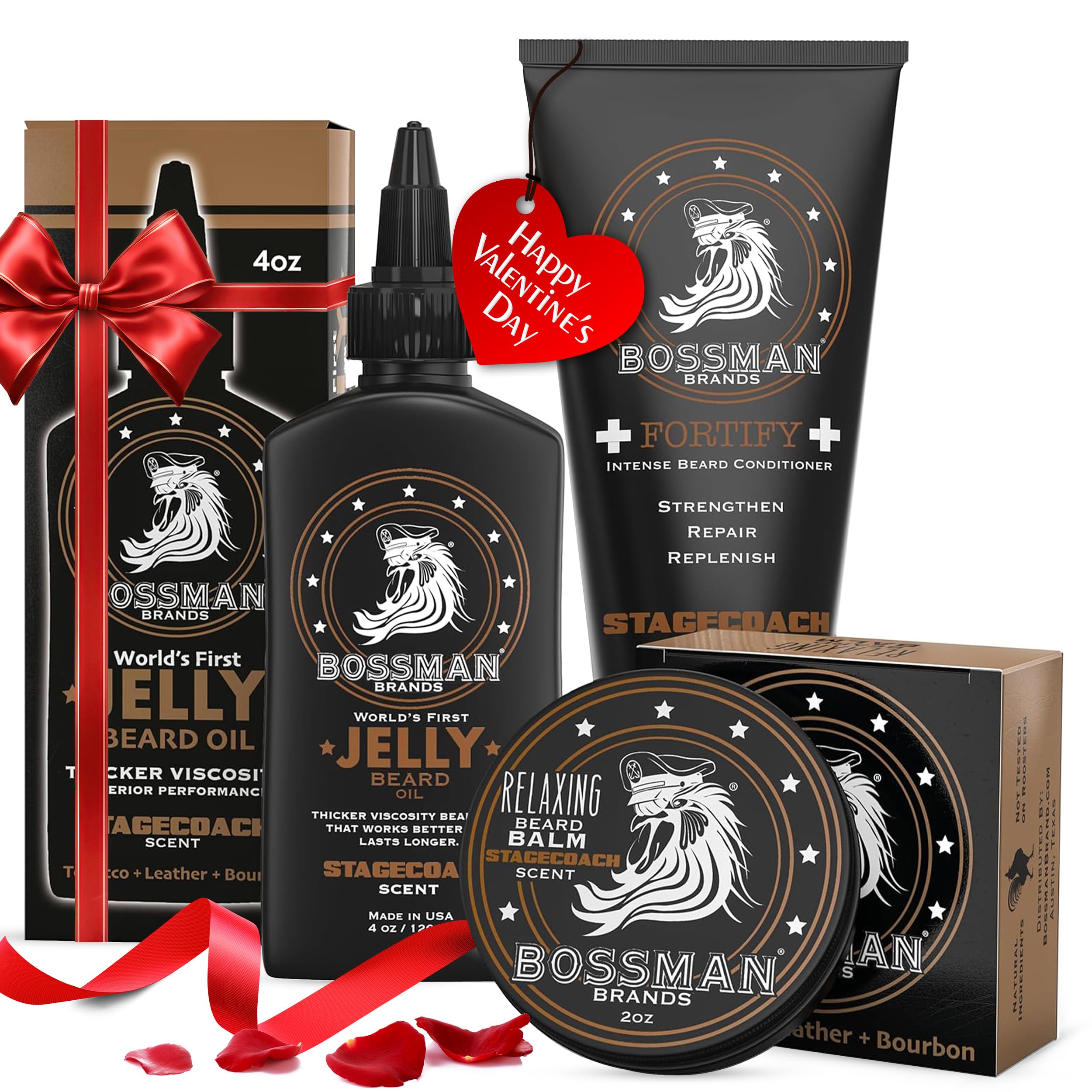 Essentials Beard Kit for Men, Set of 3 - Beard Oil Jelly, Fortifying Conditioner Cream, Beard Balm - Grooming Growth Care Accessories - Gift Set for Men (Stagecoach)