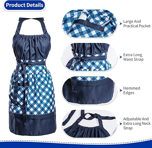Miniatura 4 de Alex Virtue Delantales retro encantadores con bolsillos grandes para mujeres y niñas cocina panadería regalo de madre Cuadros azules