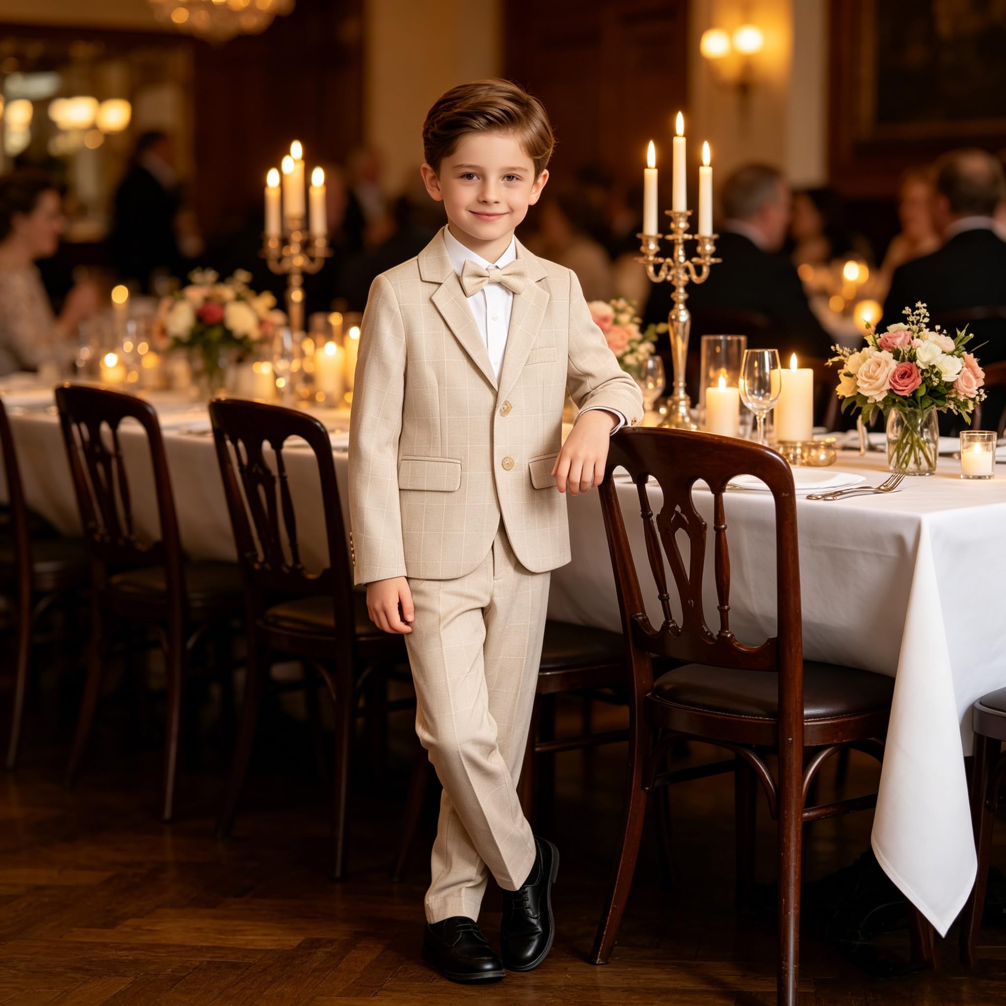 LOLANTA 3-teiliges Jungen Plaid Anzug Set, Eleganter Blazer für Hochzeits-Abschlussball, Formelle Kleidung Jacken-Hose-Fliege Set