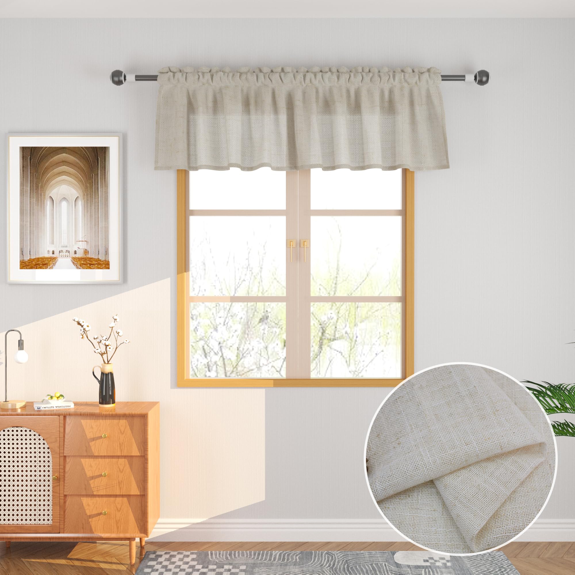 Cenefa natural para ventanas UPOPO, cortina corta de lino con bolsillo para barra de 52x16"