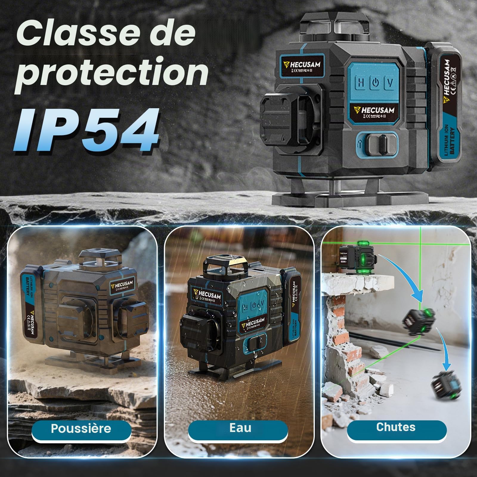 Niveau Laser Avec Trepied, Niveau Laser Chantier Autonivelant 4×360°, Laser à Lignes Continues Avec FenêTre De Rotation à 360°, Batterie 2×4800 mAh, Indice IP54 Pour Bâtiment, Carrelage