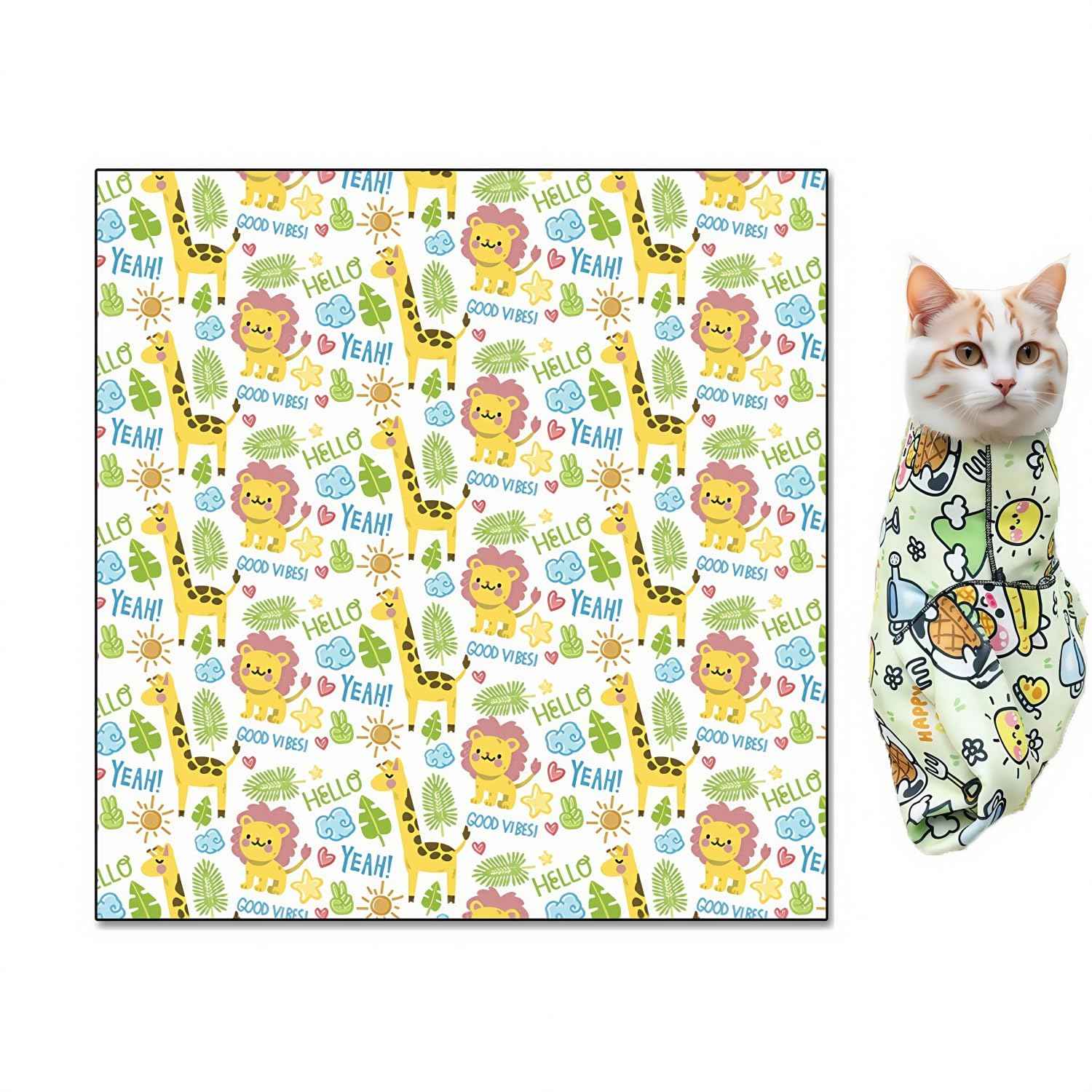 ASDTGOE Cat Wrap for Cutting Nails Cloth Burrito Wrap for Nail Clipping,Scratch and Escape Prevention,Multi-Purpose Swaddle Wrap Pet Worker (Giraffe + Lion, 21.65inchx21.65inch)