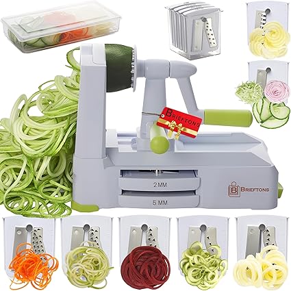Brieftons 7-Blade Spiralizer: Strongest-and-Heaviest Duty Vegetable Spiral Slicer, Best Veggie Pasta Spaghetti Maker for Low CarbPaleoGluten-, with Blade Caddy, Container, Lid & 3 Recipe Ebooks