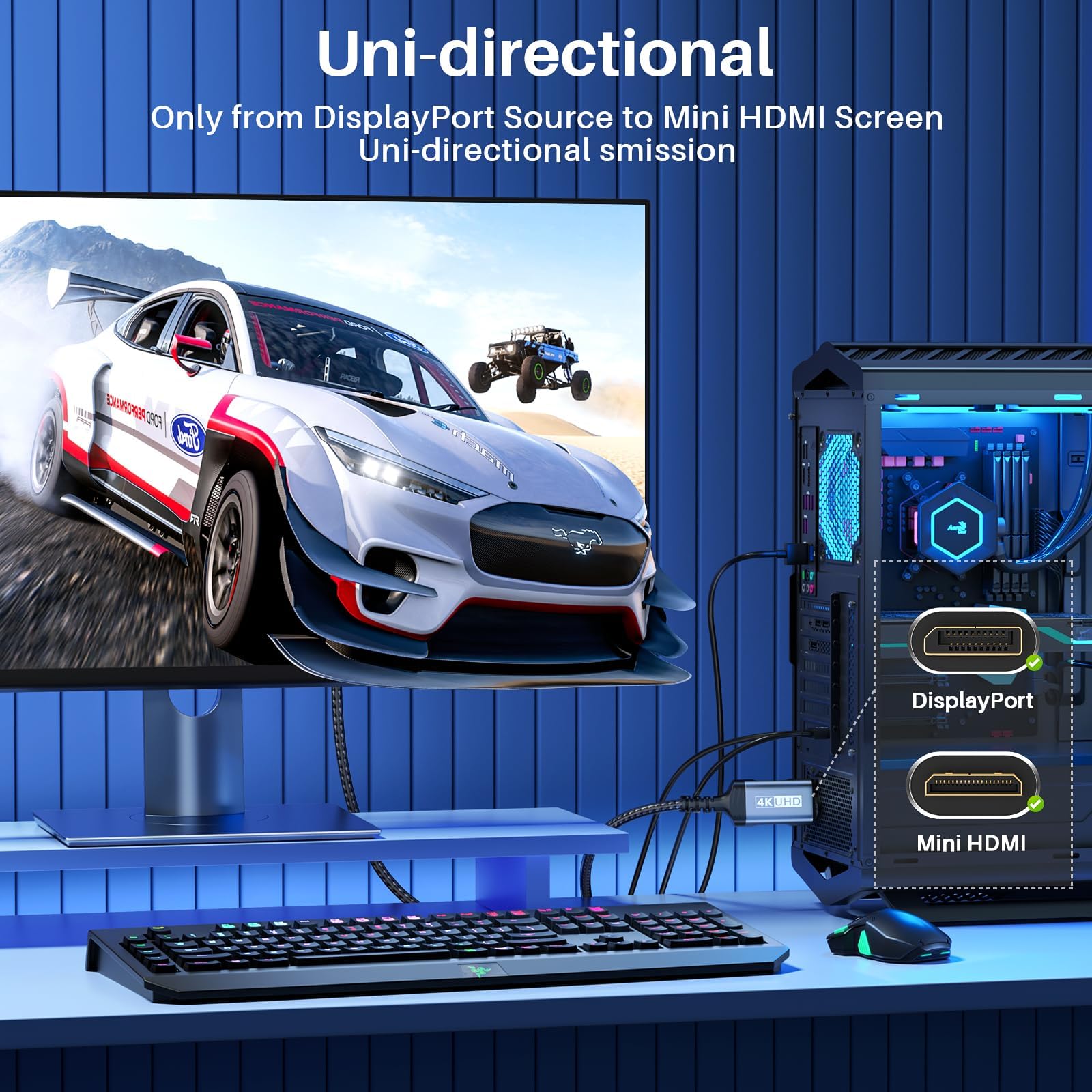 ZeroneTeck Câble DisplayPort vers Mini HDMI unidirectionnel 1M, 4K@60Hz UHD, compatible avec ordinateurs, moniteurs, Ecran Portable, AMD, NVIDIA, ARZOPA, projecteurs, mini PC. Câble nylon anti-flexion