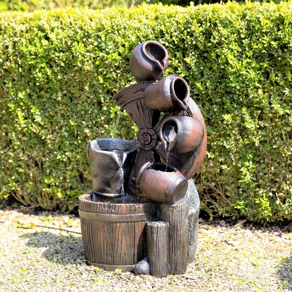 Primrose H61cm Santana Cascading Bowls Windmill & Bucket Water Feature with Lights Outdoor Garden Fountain