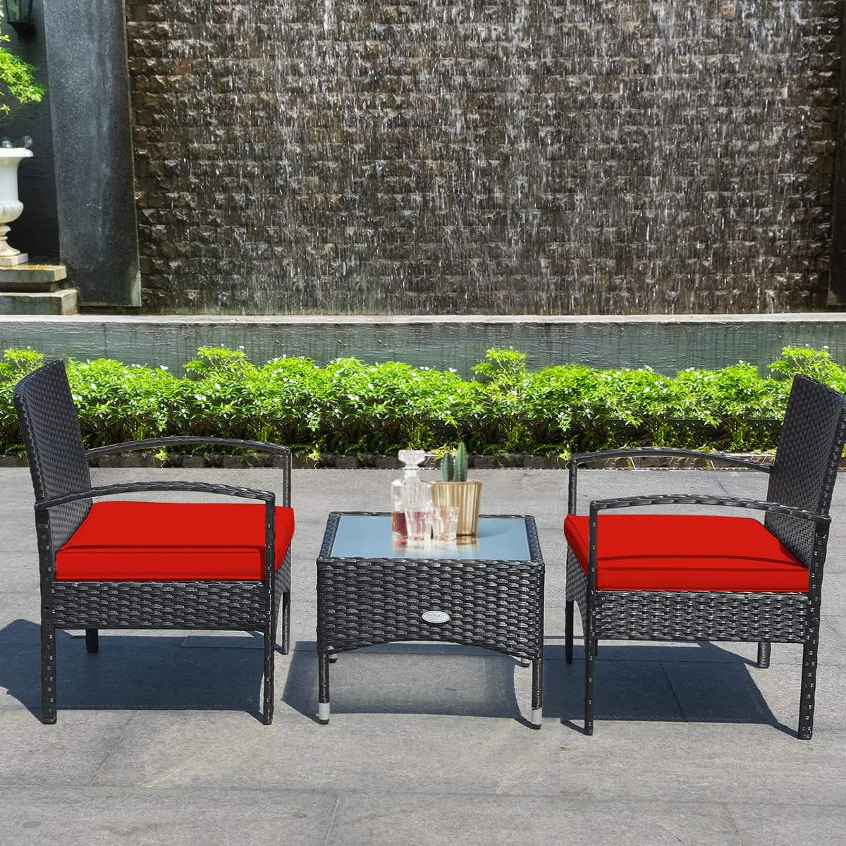 LDAILY 3 Pieces Outdoor Furniture Set, 3 PCS Patio Wicker Rattan Rattan Chair Set, Garden Furniture with Coffee Table, High Load Bearing Chair Sets, Pool, Lawn Backyard, Patio Garden (Red)