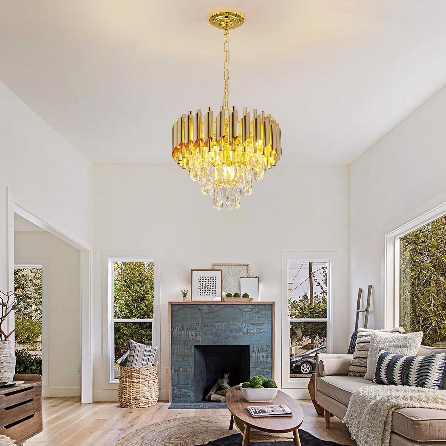 Modern Round Crystal Chandelier, Luxury Gold Chandelier for Dining Room 4-Light, 15” Crystal Pendant Light for Kitchen Island, Living Room, Foyer, Over Dining Table, Bedroom