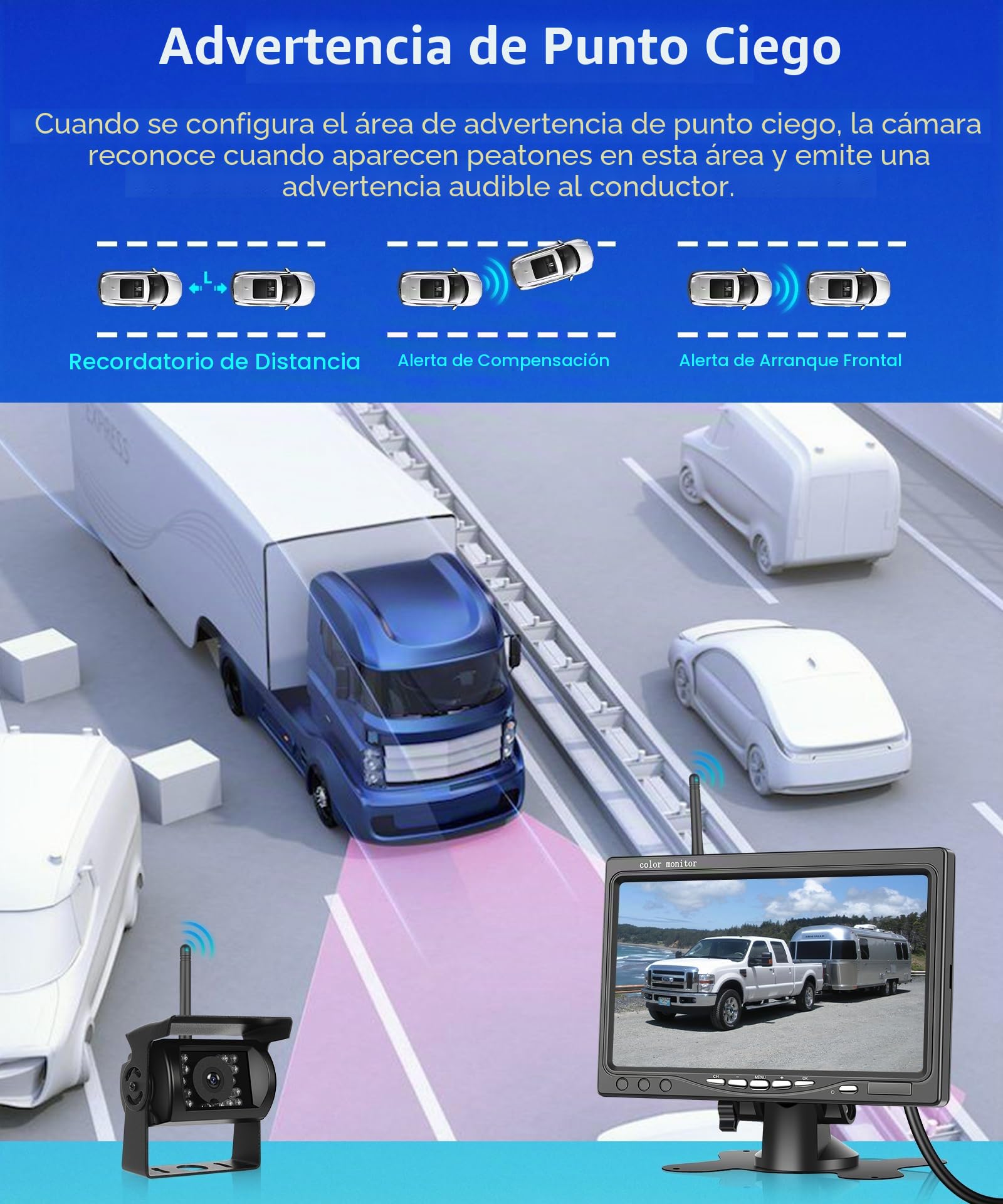 Hodozzy Cámaras de Visión Trasera Inalámbricas Digitales con Monitor IPS de 7 Pulgadas, Cámaras de Marcha atrás a Prueba de Agua IP68, Visión Nocturna por IR de 1080P, Compatible con BSD