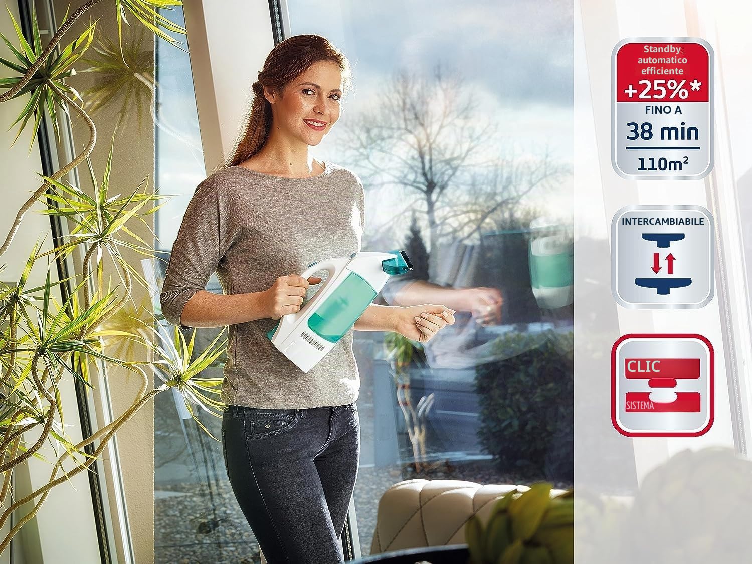 Leifheit Dry & Clean Set Lavavetri Elettrico Con Manico E Washer Finestre, Bianco Blu