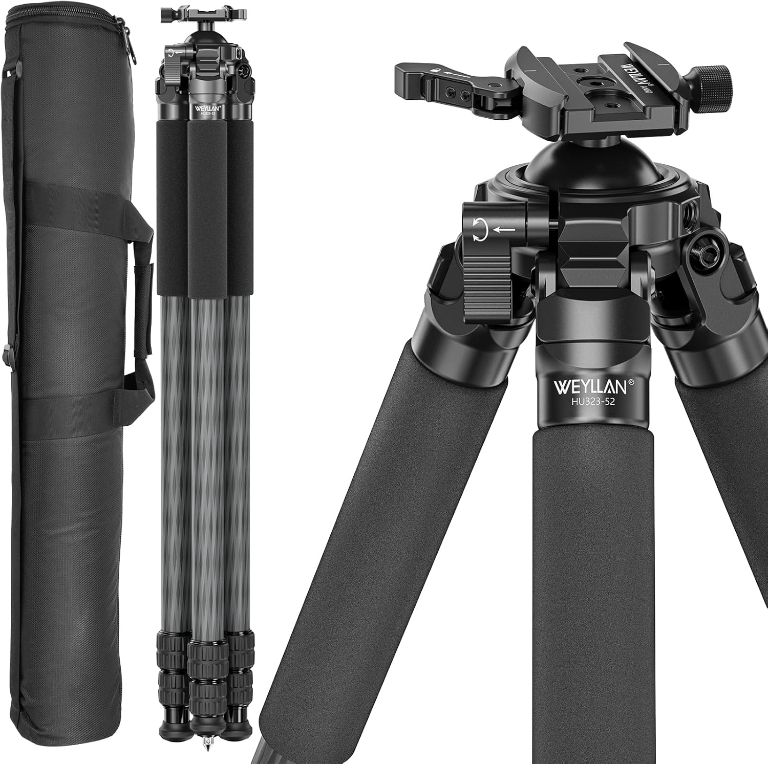 WEYLLAN HU323-52 Carbon Fiber Tripod for Hunting with Built-in 52mm Ball Head, 10-Layer Carbon Fiber 32.5mm Tube, Lightweight Camera Tripod with Lever Arca Swiss Quick Release Clamp, Load 55lbs/25kg