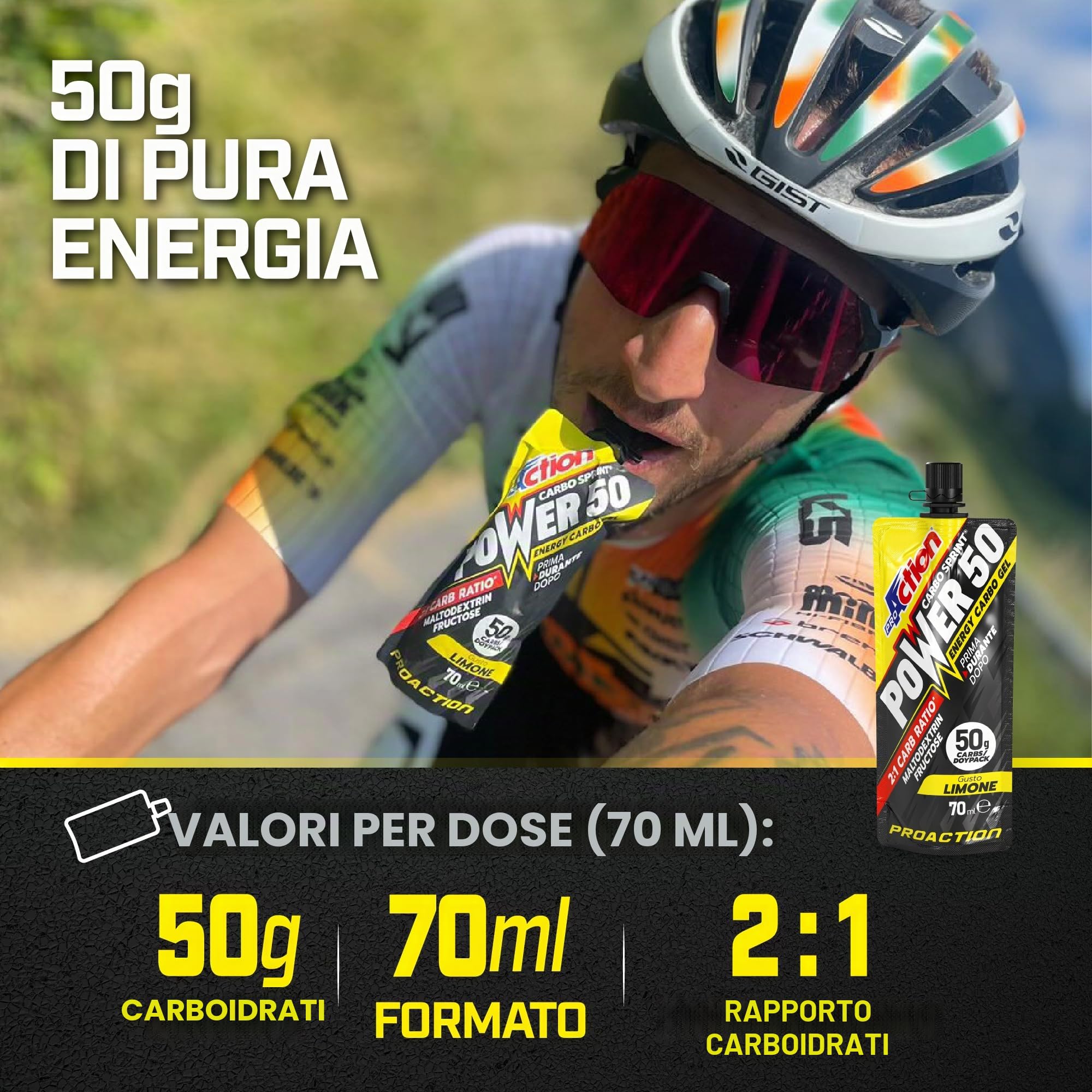 ProAction Carbo Sprint Power 50 Carbo Gel 50g | Gel Carboidrati 2:1 con Maltodestrine e Ciclodestrine Altamente Ramificate per Ciclismo Endurance | 70 ml per Stick | Box da 32 pz