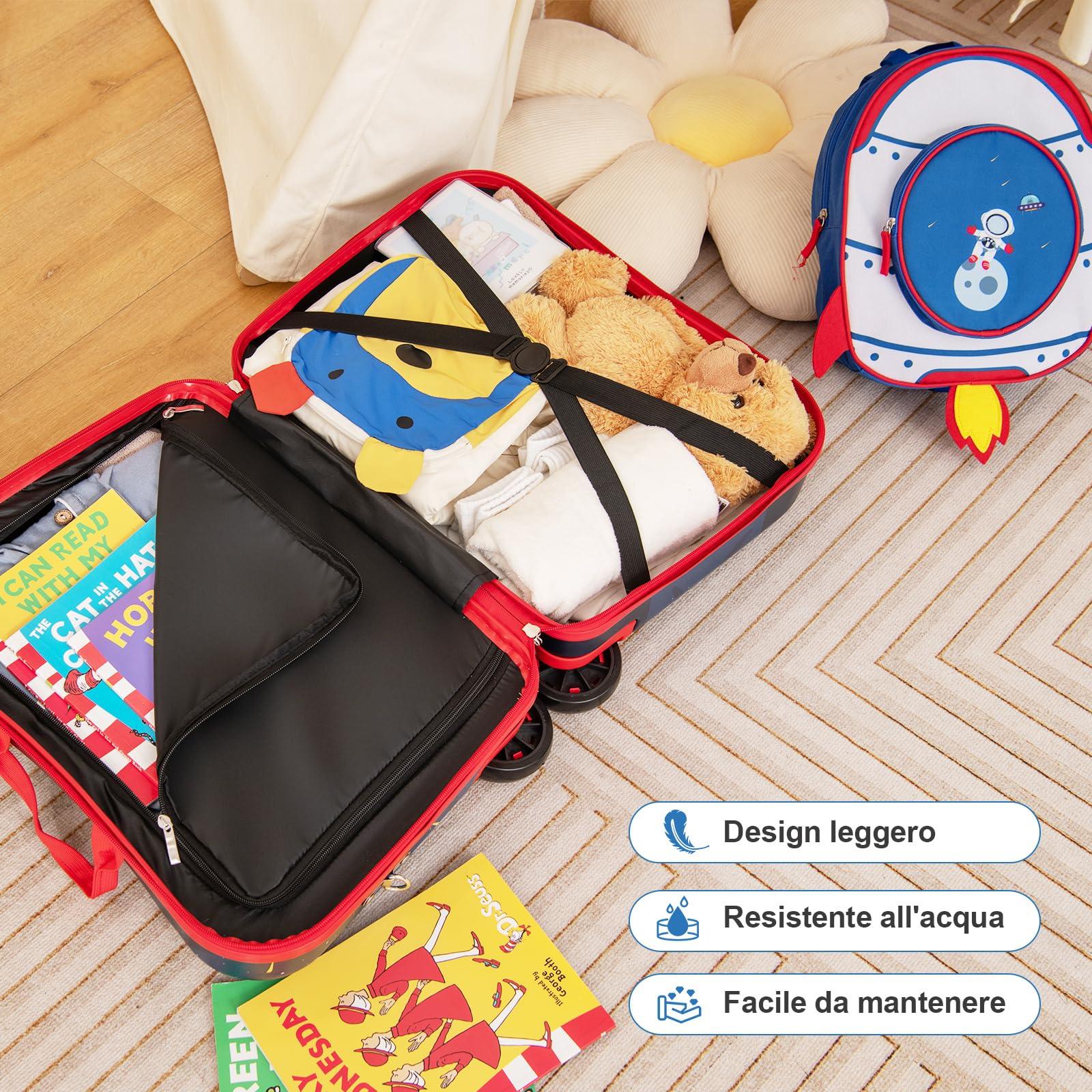 COSTWAY Valigia Cavalcabile per Bambini, 18" Valigia+ 12" Zaino,2 Pezzi, Trolley Bambini Bagaglio a Mano con Ruote Girevoli e Maniglia Retrattile, 2 Cingie Multiuso (Modello 4)