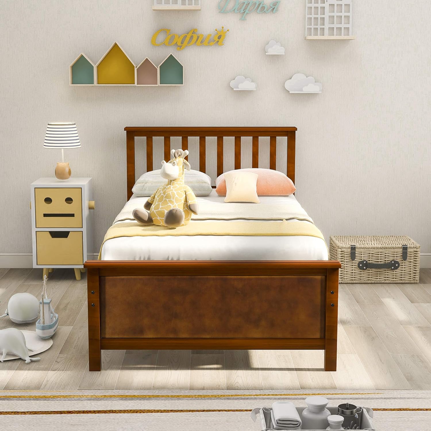 Harper&Bright Designs Wood Platform Bed with Headboard/Footboard/Wood Slat Support/No Box Spring Needed Twin (Walnut.)
