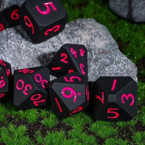 7-Die Silicone DND Dice, Polyhedral Dice D&D Dice Set, Round Edges Soft Perfect Bouncer for D&D RPG Bar Pub Club Classroom Party Games(Black w/Red Numbers)
