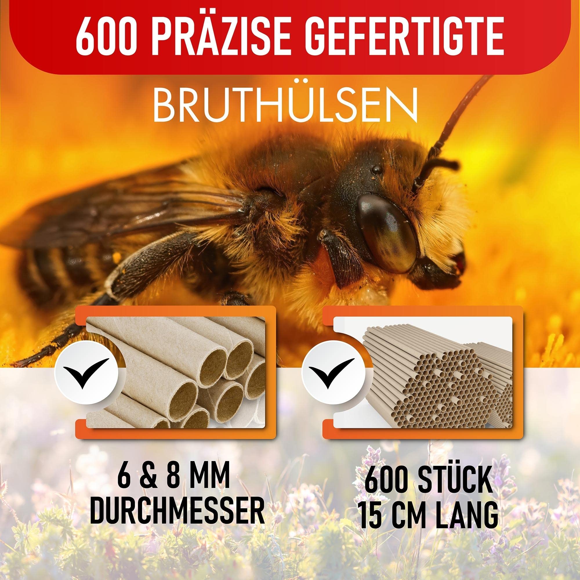 Nisthülsen für Insektenhotel 15 cm lang Durchmesser 6 UND 8 mm gemischt inkl. E-Book Niströhren u. Pappröhrchen für Wildbienen (Pappröhrchen, 600)
