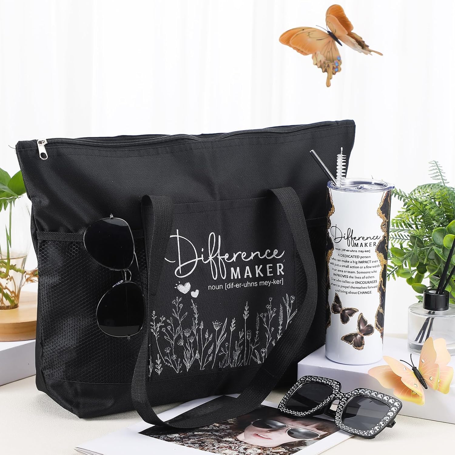 Buryeah 2 Pcs Difference Maker Gift for Women Thank You Tote Bag & Tumbler for Employee Coworker Nurse Social Worker(Black) - Image 3