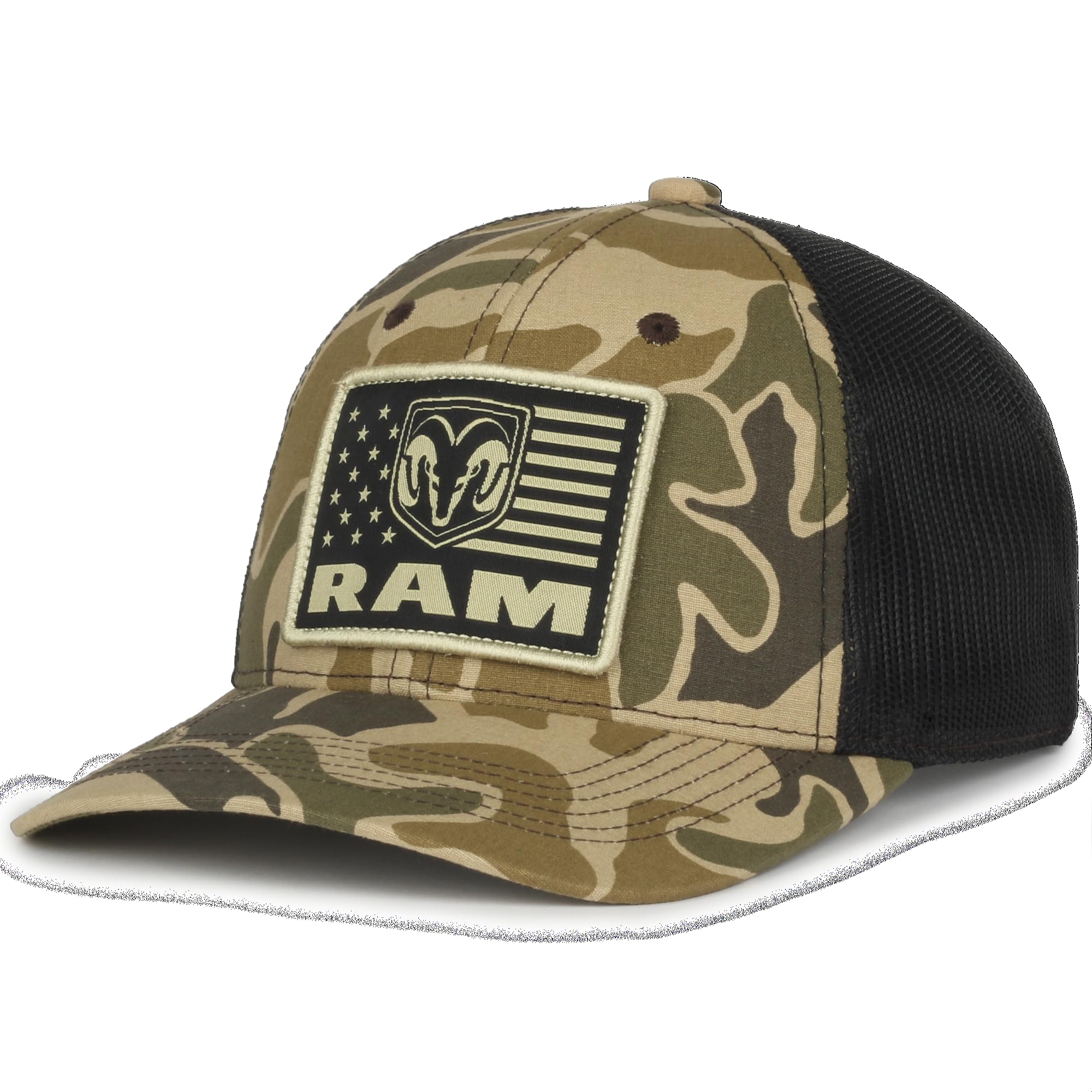 Ram Trucks Dodge Ram Camo Hunting Hat – Mid Profile Structured Baseball Cap with Woven Logo Patch, Adjustable Snapback, One Size