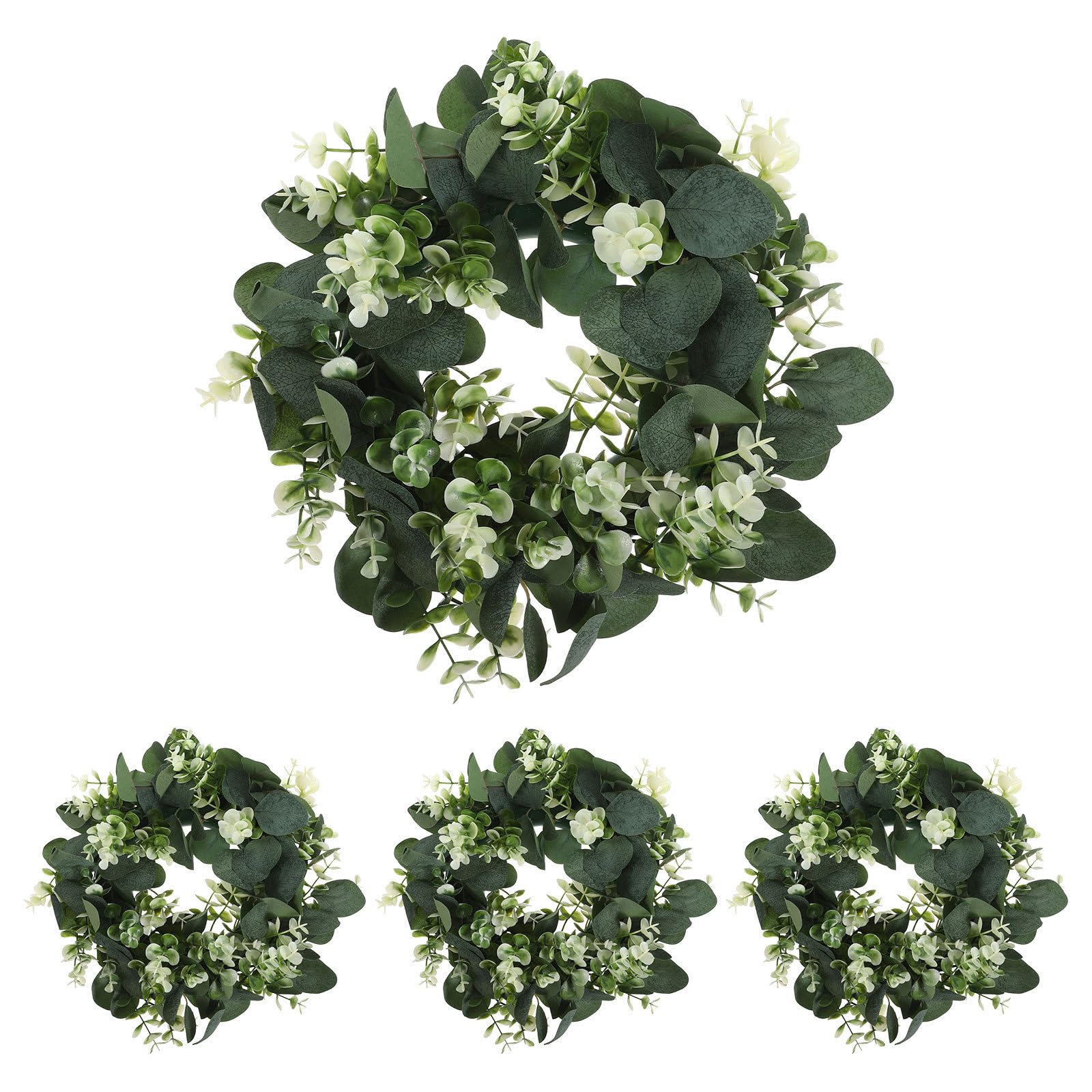 Mikikit Ghirlanda Piccola Rotonda 4 Pezzi di Eucalipto Artificiale Verde in PE e Tessuto Decorazione senza Manutenzione Stile Farmhouse Elegante per Porta, Muro e Finestra