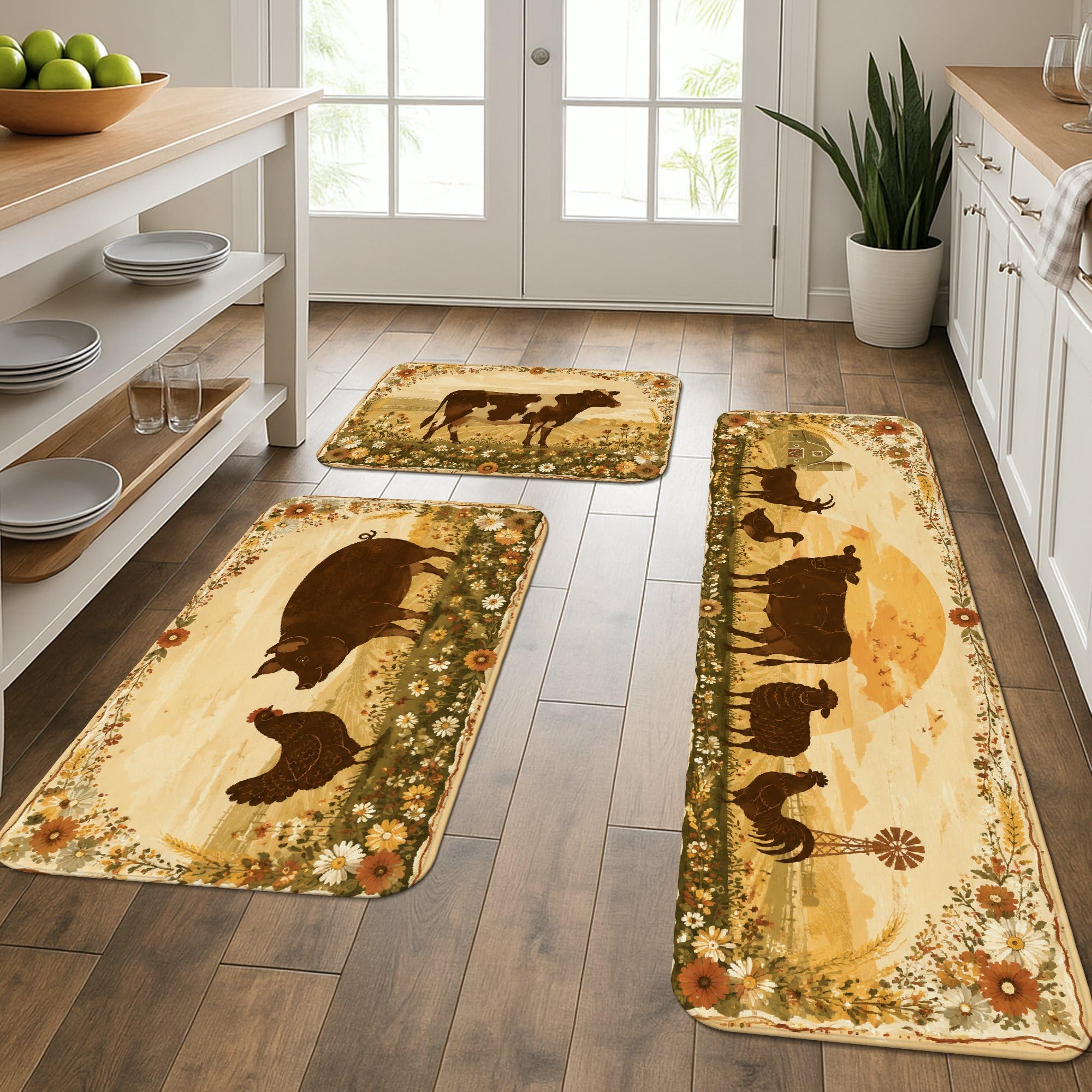 Tapis de cuisine vache et poulet lot de 3 pour décoration rustique et confort devant évier