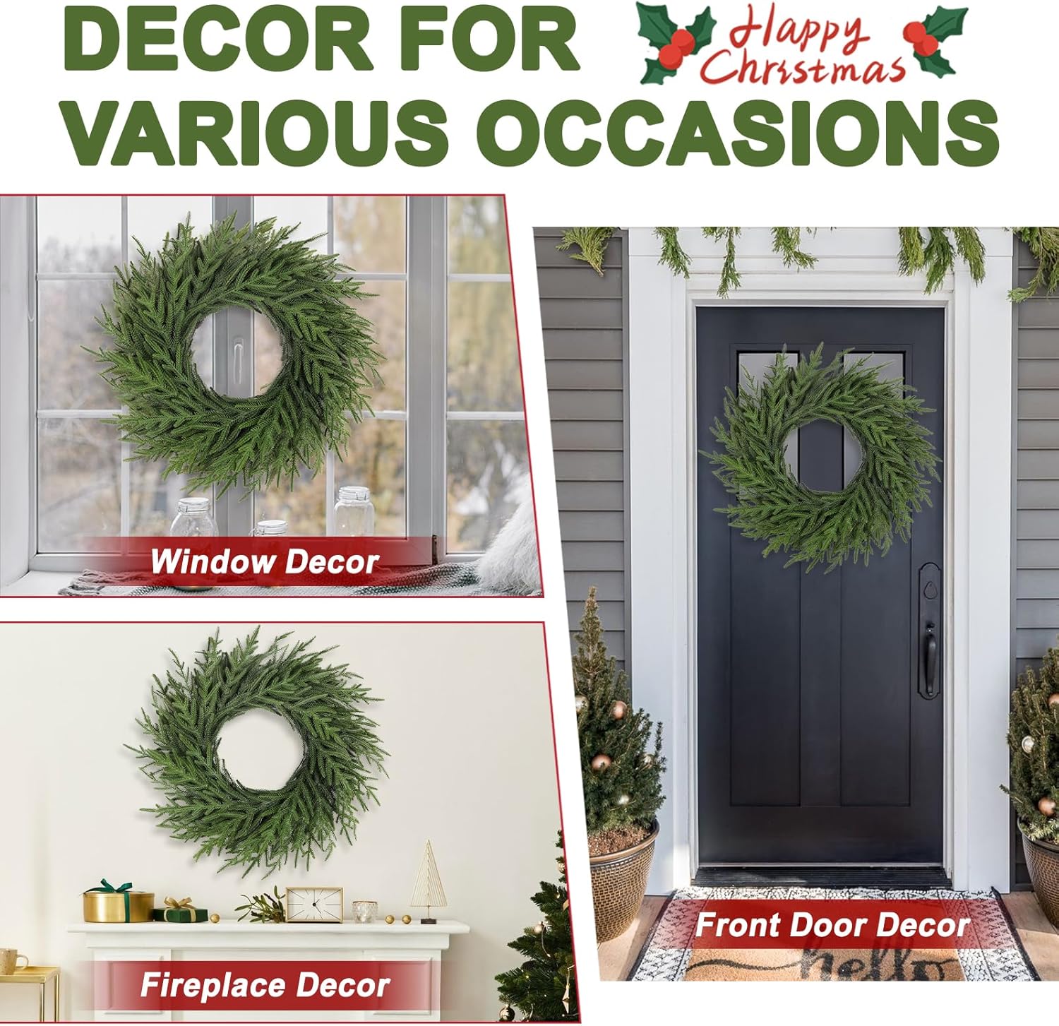 Artgar 26 Inch Pine Wreath - Christmas Wreaths for Front Door - Real Touch Pine Wreath - Large Artificial Green Wreaths for Walls Windows Porches Farmhouse Indoor Outdoor Home Decor (2 Pcs) - Image 7
