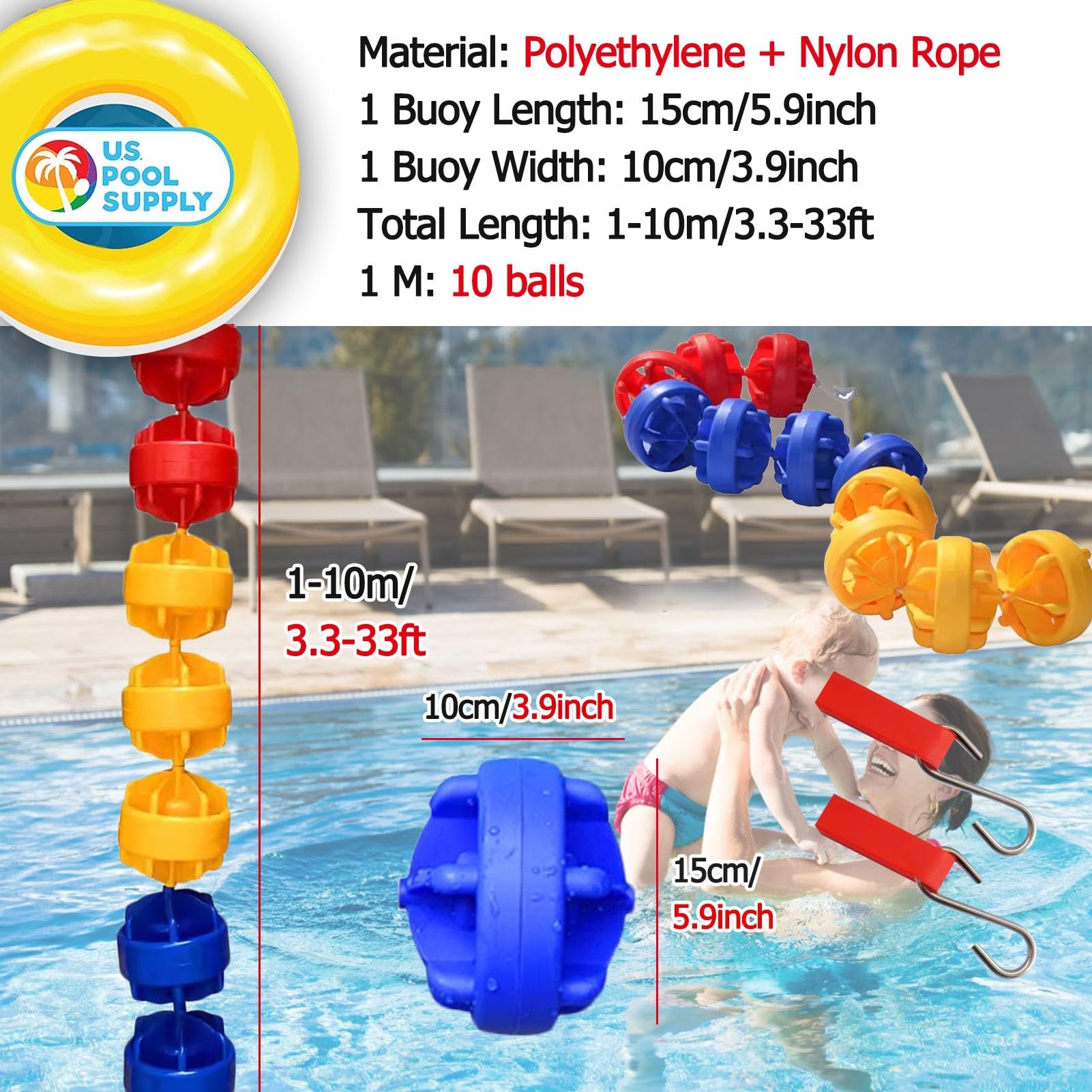 YXXSDP Swimming Pool Safety Divider with Float, 3 6 9 16 19 26 33 Ft Long Professional Pool Ropes/Swim Lane Cord, for Separating Deep Shallow End Water Area (Color : Red Blue White, Size : 8m/26.2ft)