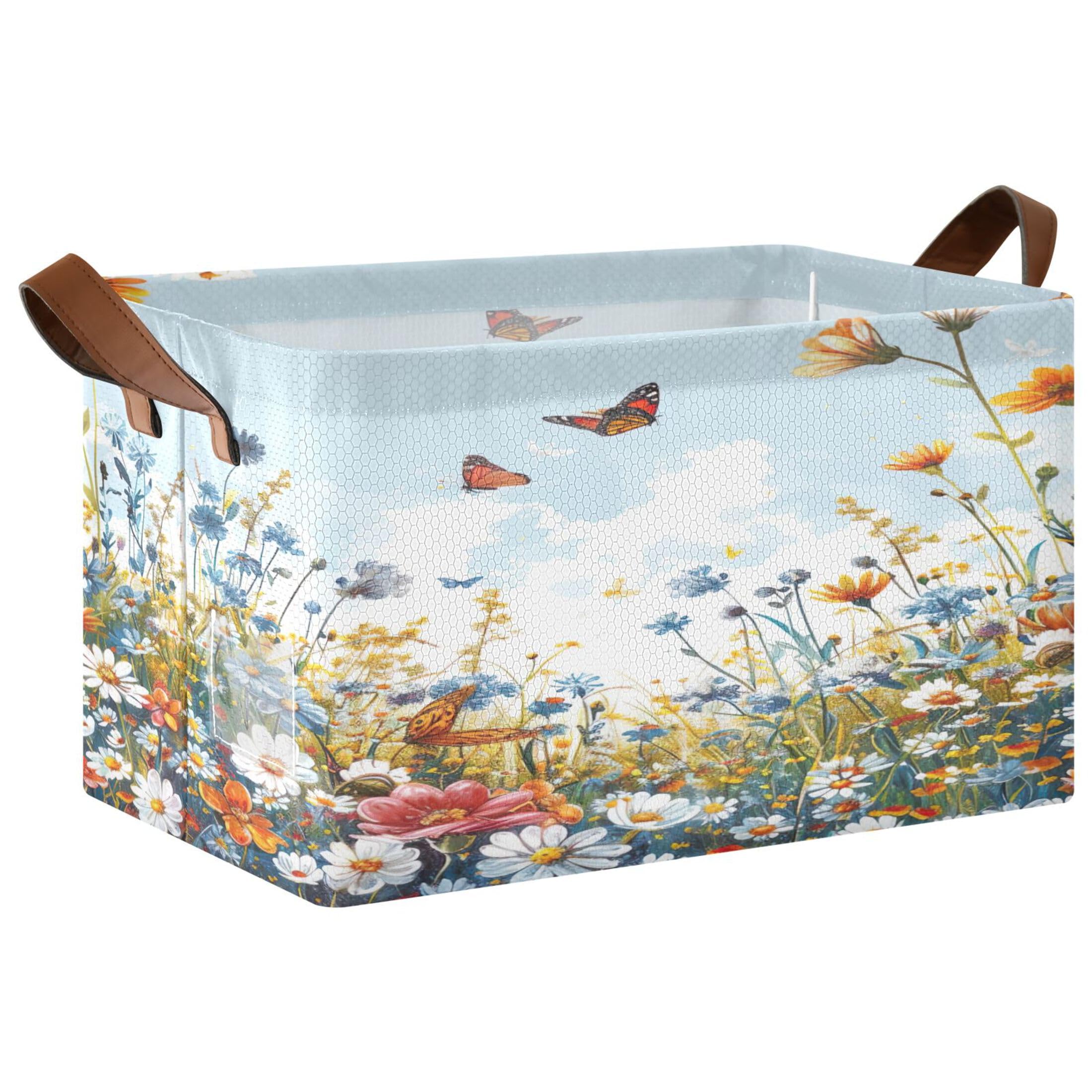 Kutsu Foldable Storage Basket Wildflowers Collapsible Storage Bin with Handles for Shelves, Rectangle Basket for Home Nursery Decor, 16.9x11.4x10 in