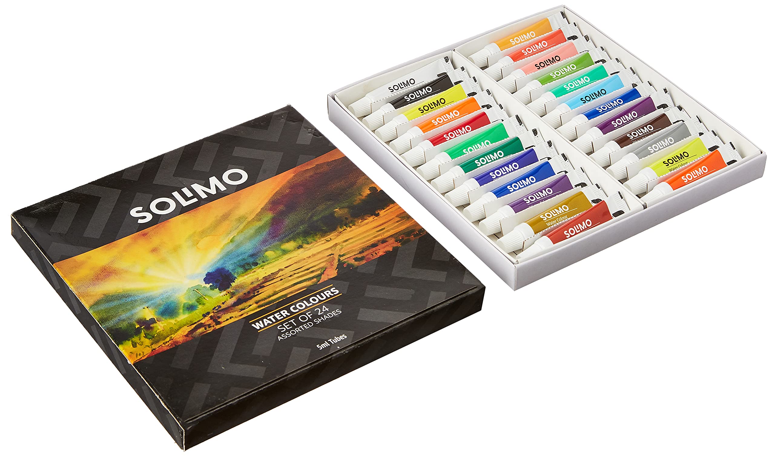 Amazon Brand - Solimo Water Colour Paints, Set of 24 Assorted Shades, 5ml Tubes