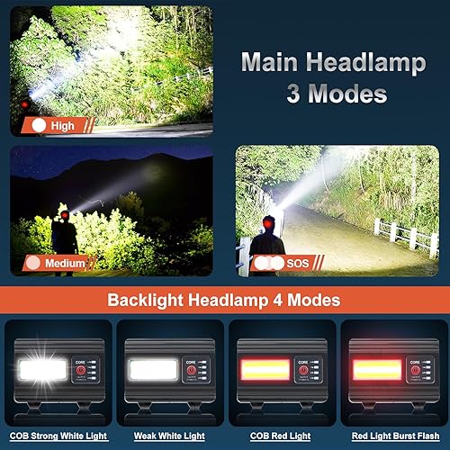 Miniatura 5 de Juego de 2 faros delanteros recargables, lámparas LED alimentadas por pilas, súper brillante de alto lumen con 3+4 modos, lámpara frontal