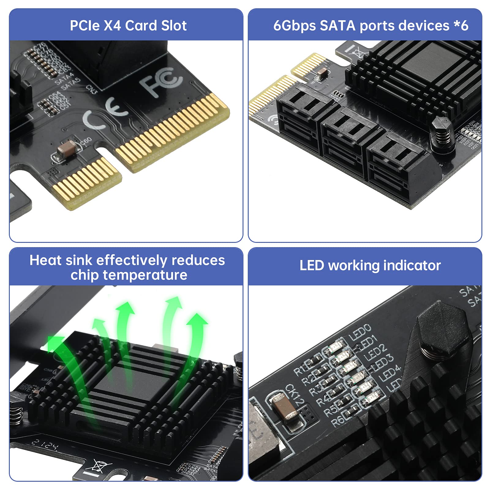 PCIe SATA-kaart 6 poorten, 6 Gbit/s 4X SATA 3.0 PCIe-kaart, PCIe-naar-SATA- controller-uitbreidingskaart non-raid met 6 SATA kabels low profile houder, plug-and-play Windows, Linux-systeem ASM1166-chip PCIe SATA-kaart 6 poorten, 6 Gbit/s 4X SATA 3.0 PCIe-kaart, PCIe-naar-SATA- controller-uitbreidingskaart non-raid met 6 SATA kabels low profile houder, plug-and-play Windows, Linux-systeem ASM1166-chip