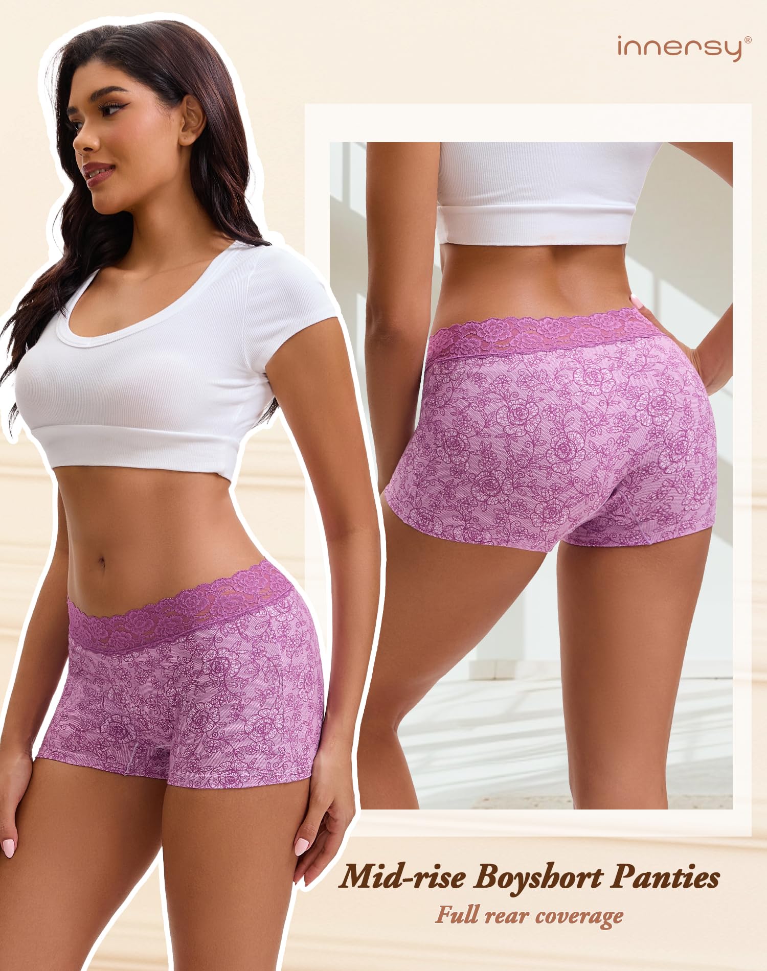 INNERSY Boxer Shorts Women Cotton Ladies Boxers Underwear Mid-rise Lace Boyshort Panties Pack of 3 — view 3