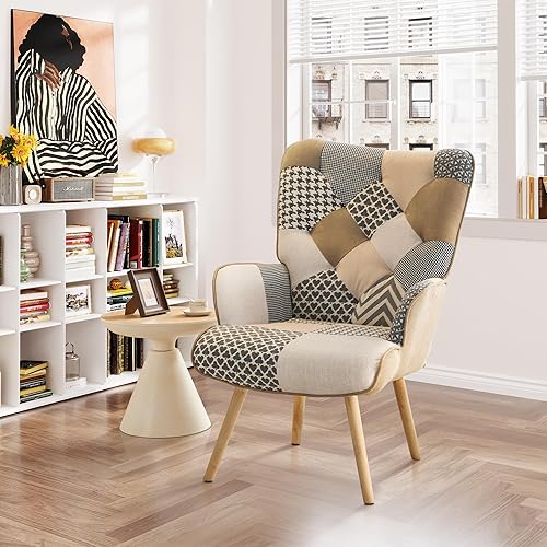Miniatura 3 de Accent Chair, Living Room Chair, Modern High Back Armchair, Colorful Patchwork Reading Chairs for Bedroom, Lounge Chair with Linen Fabric Shell and