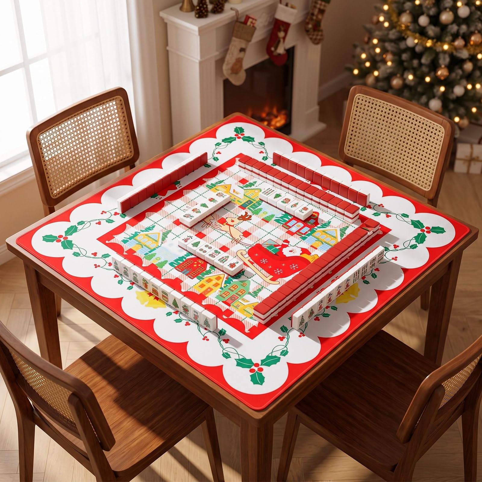 Seenelling Tappetino natalizio per mahjong, 80 cm x 80 cm, rosso, verde, antiscivolo, riduzione del rumore, motivo villaggio natalizio natalizio, copertura per tavolo da domino, carte da poker e
