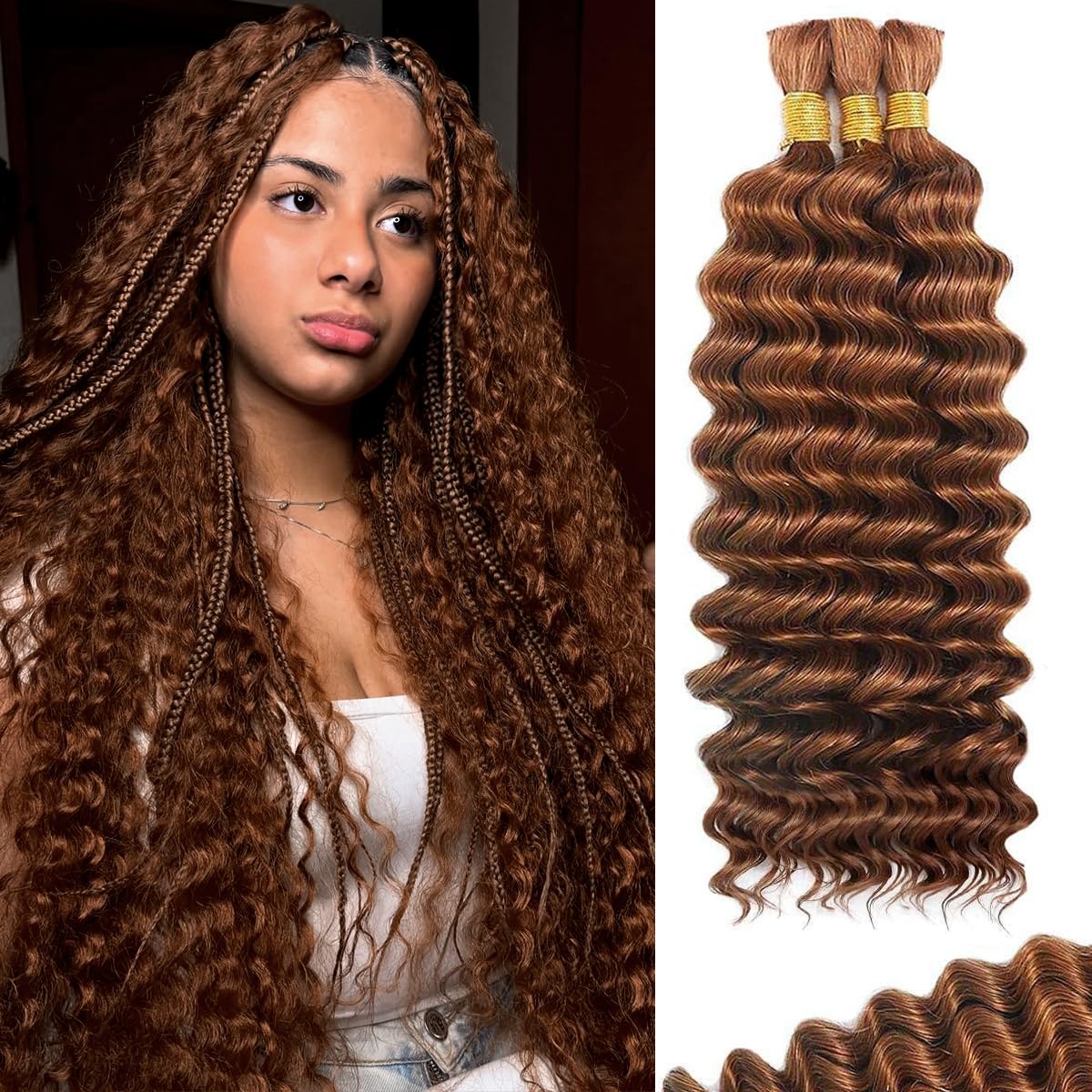 Human Braiding Hair for Boho Braids 120g Deep Wave Boho Bulk Human Hair for Braiding Knotless 12A Curly Wet and Wavy Bohemian Braids No Weft 3 Bundles/Pack Auburn Ginger 18 Inch
