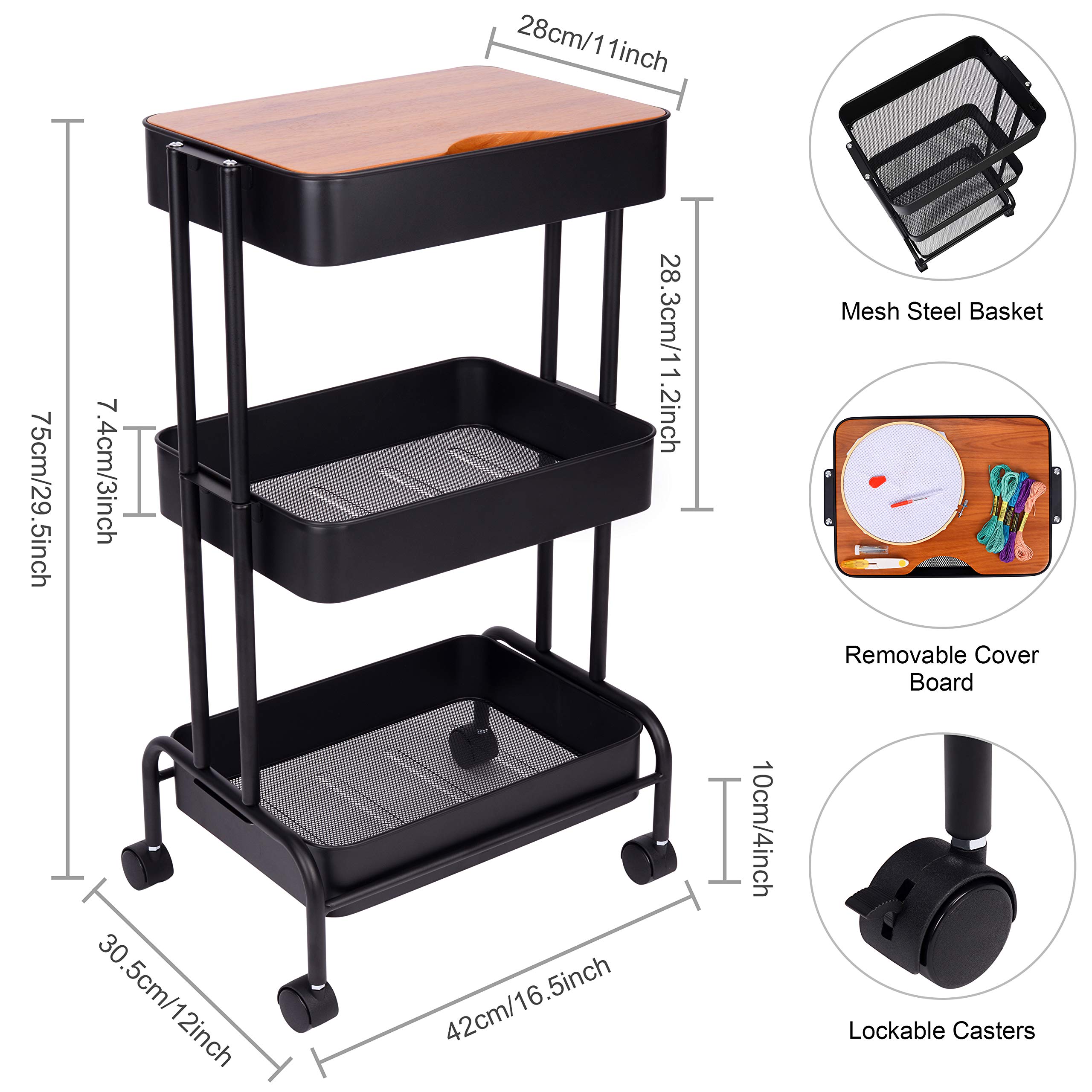 Buy ZHAOER 3 Tier Rolling Cart Utility Carts with Wheels and Cover