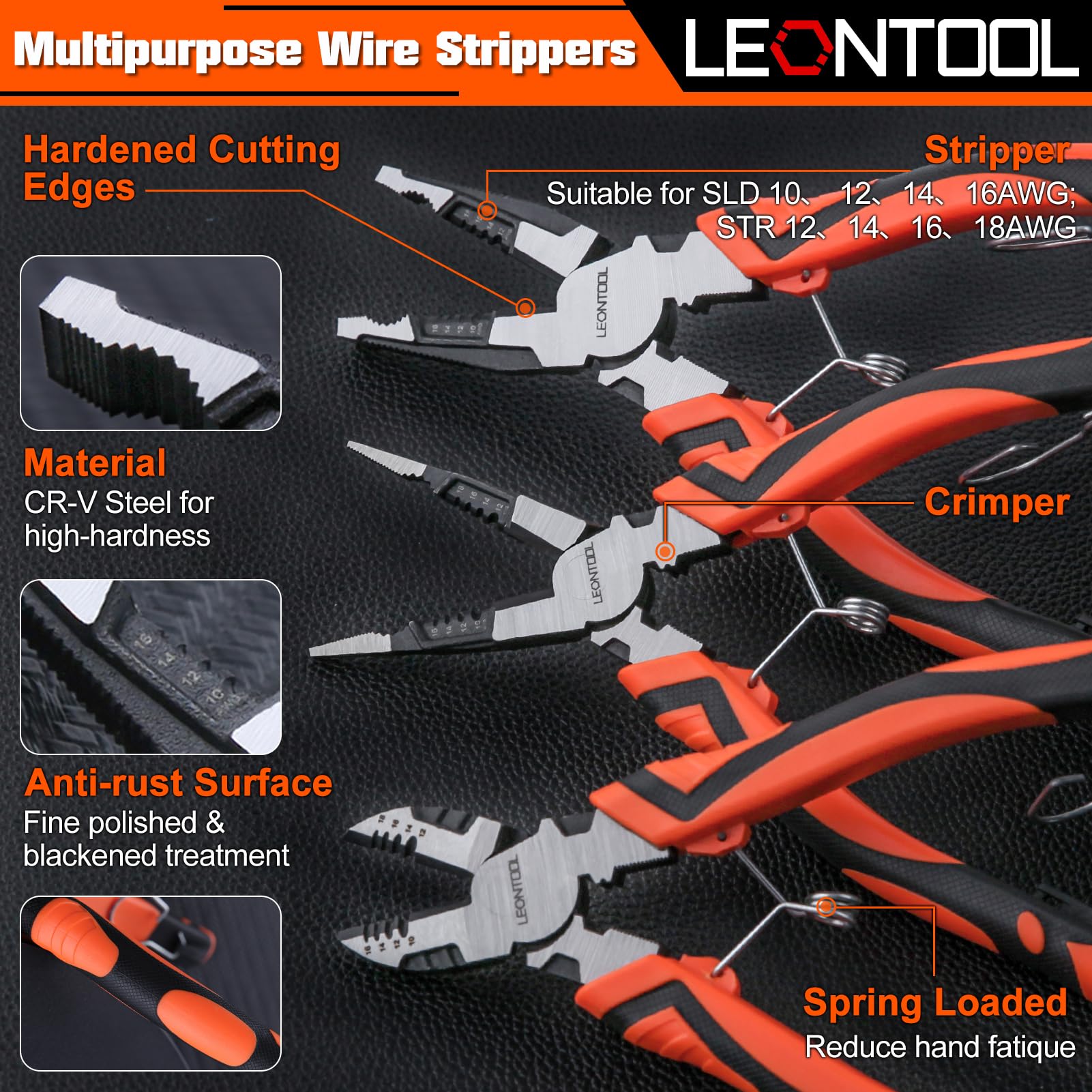 LEONTOOL Set di 3 pinze, 6 in 1 multifunzione spelafili, con pinze a becco lungo, pinze da taglio diagonale, pinze per elettricisti da 20,3 cm, set di utensili manuali per riparazioni di base