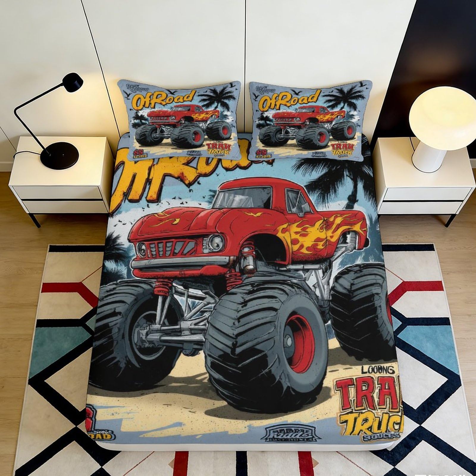 Pnayamiorkfel Style-3 3D Printed Red Monster Truck Fitted Sheet Microfiber Soft Breathable Offroad Bed Cover For Bedroom Guest Room Decor 90X200x25cm